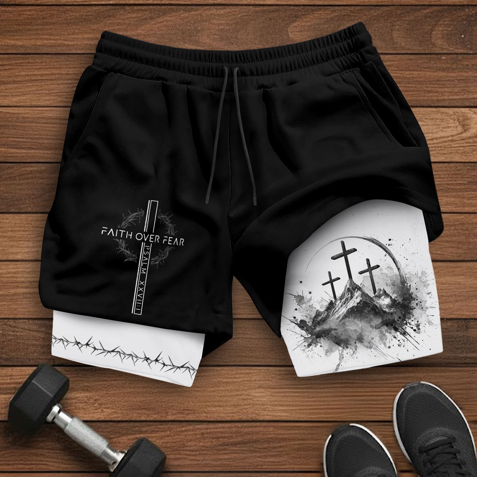 Faith Over Fear Christian Gym Shorts for Men Psalms 27:1 Cross Design