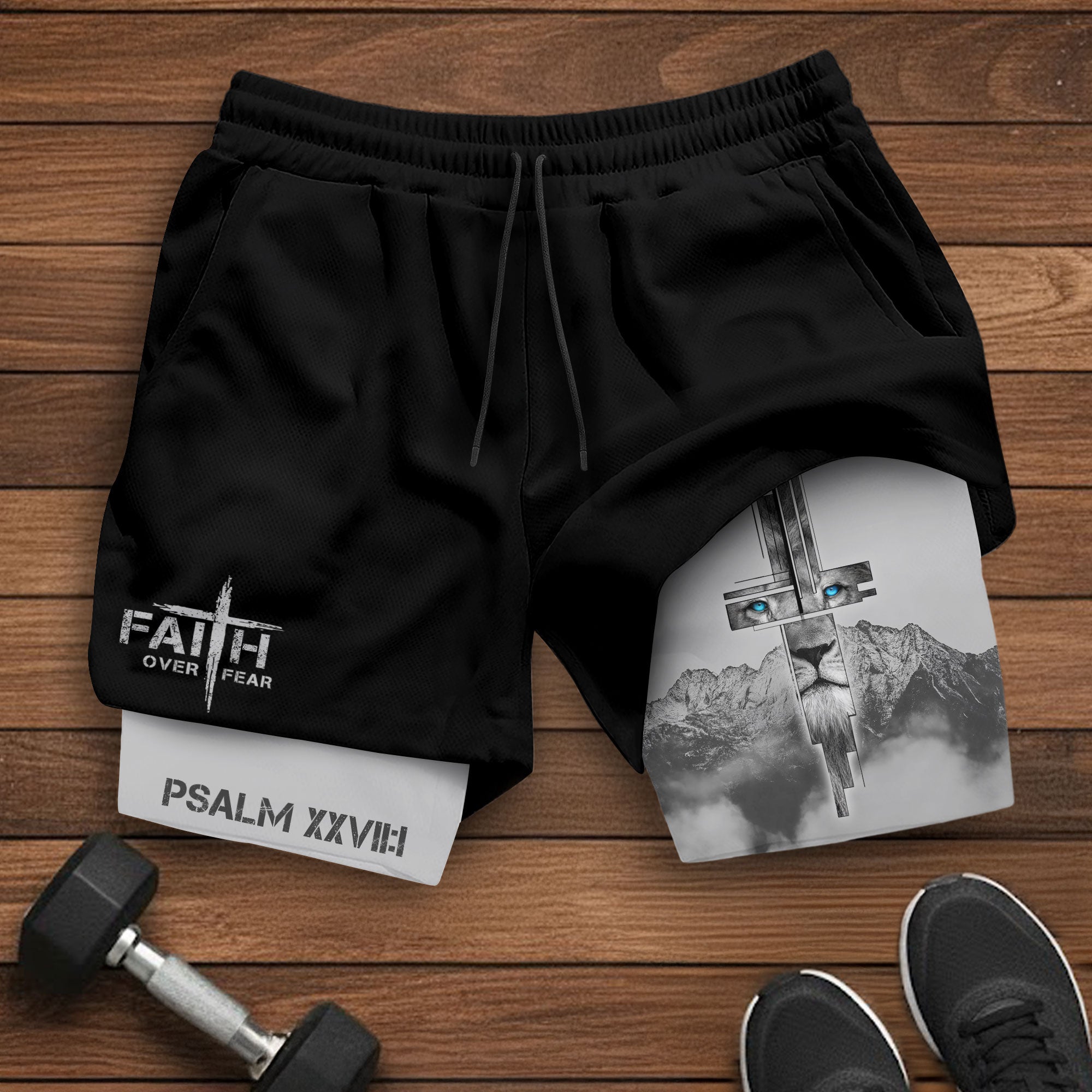 Faith Over Fear Christian Gym Shorts for Men Lion Cross Design