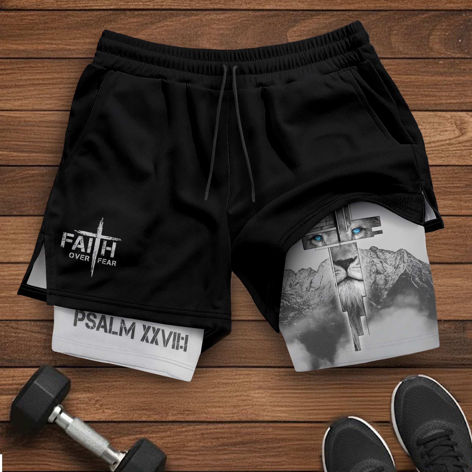 Faith Over Fear Christian Gym Shorts for Men Lion Cross Design - Rust Field Wear