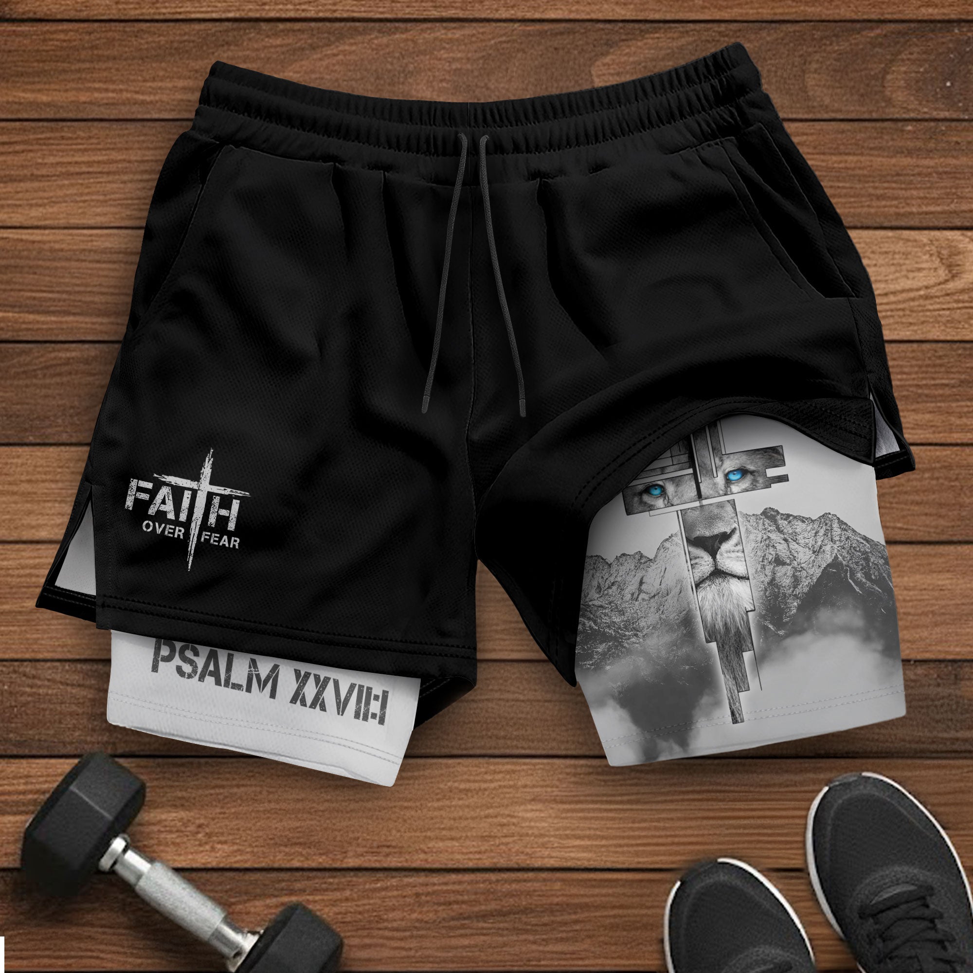 Faith Over Fear Christian Gym Shorts for Men Lion Cross Design - Rust Field Wear