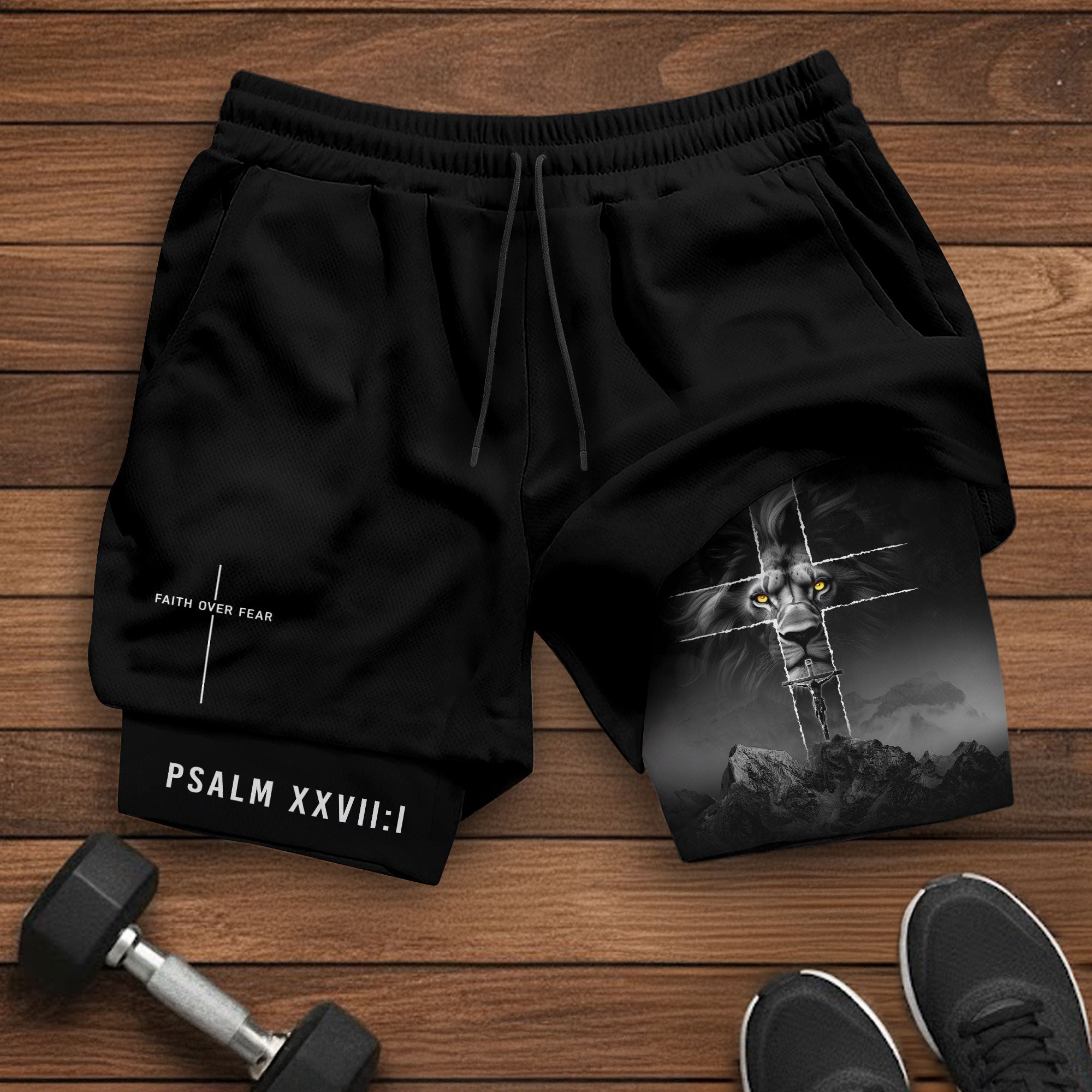 Faith Over Fear Christian Gym Shorts for Men Lion Cross Psalms 27:1