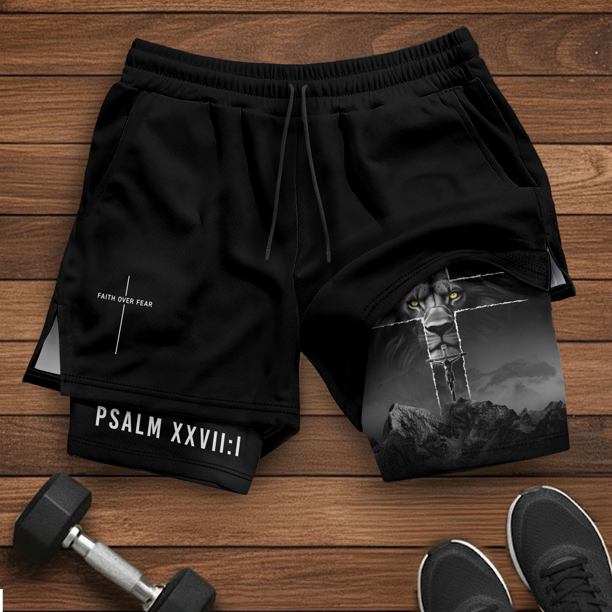 Faith Over Fear Christian Gym Shorts for Men Lion Cross Psalms 27:1 - Rust Field Wear