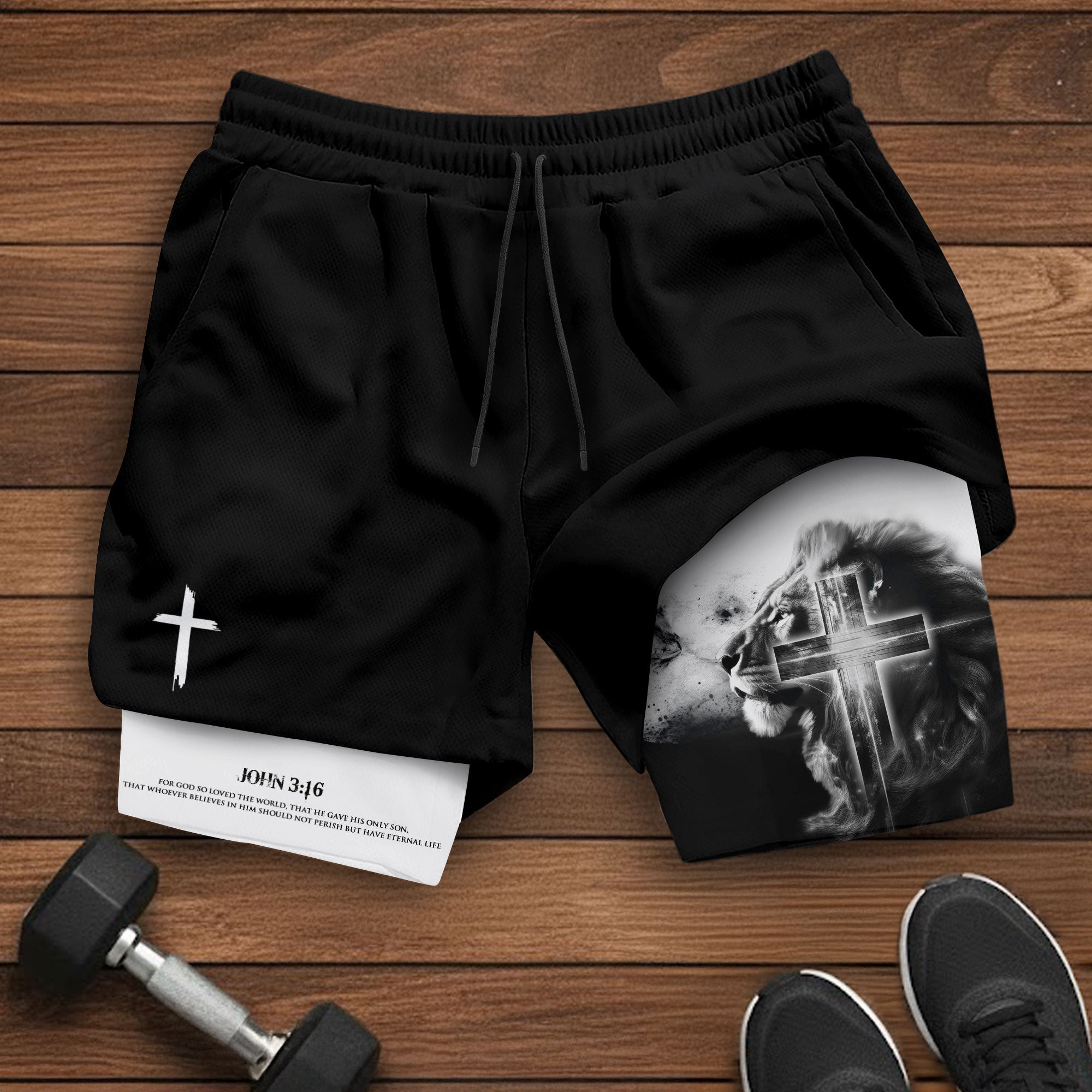 John 3 16 Christian Gym Shorts for Men Lion Cross Faith Design
