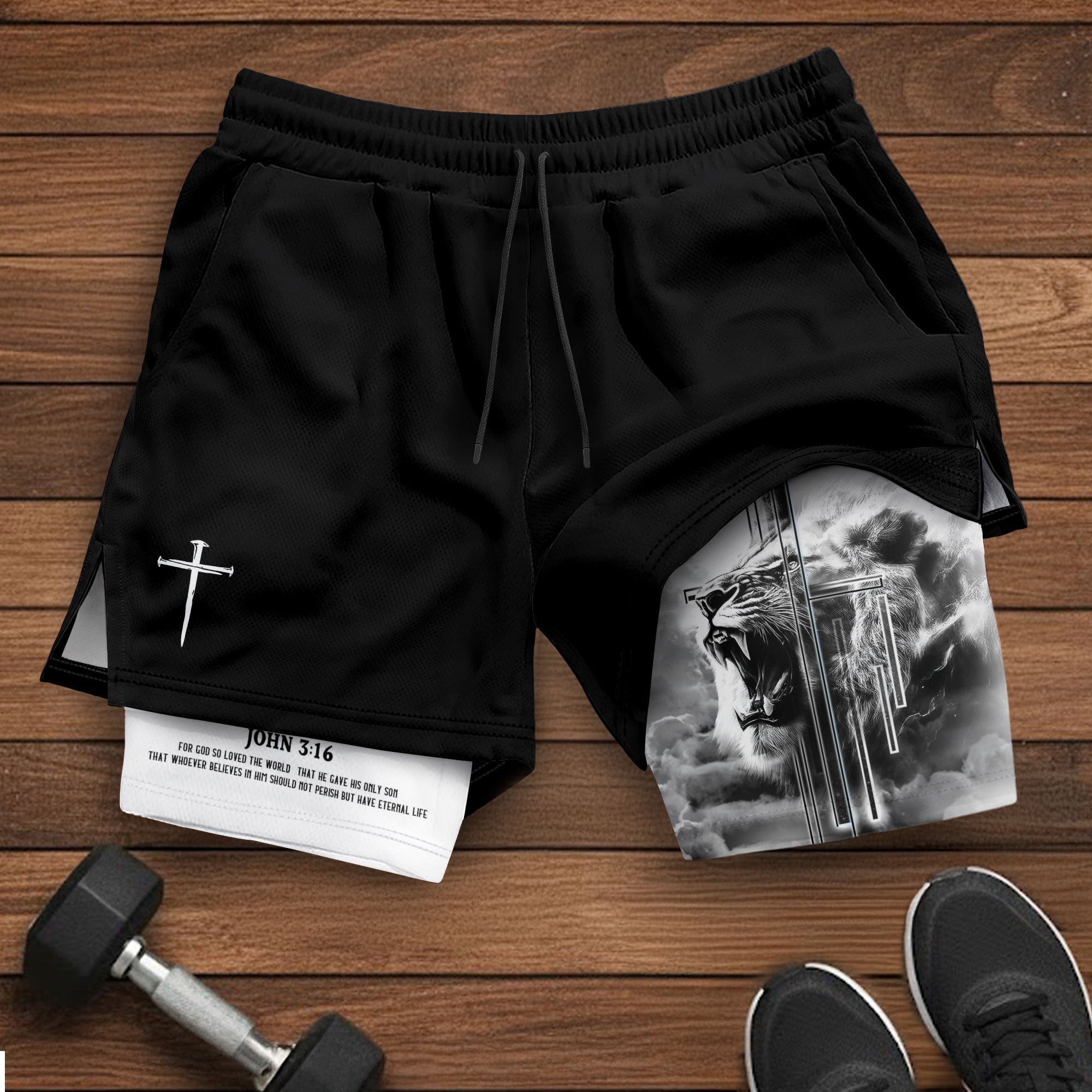 John 3:16 Christian Gym Shorts for Men Lion Cross Bible Verse - Rust Field Wear