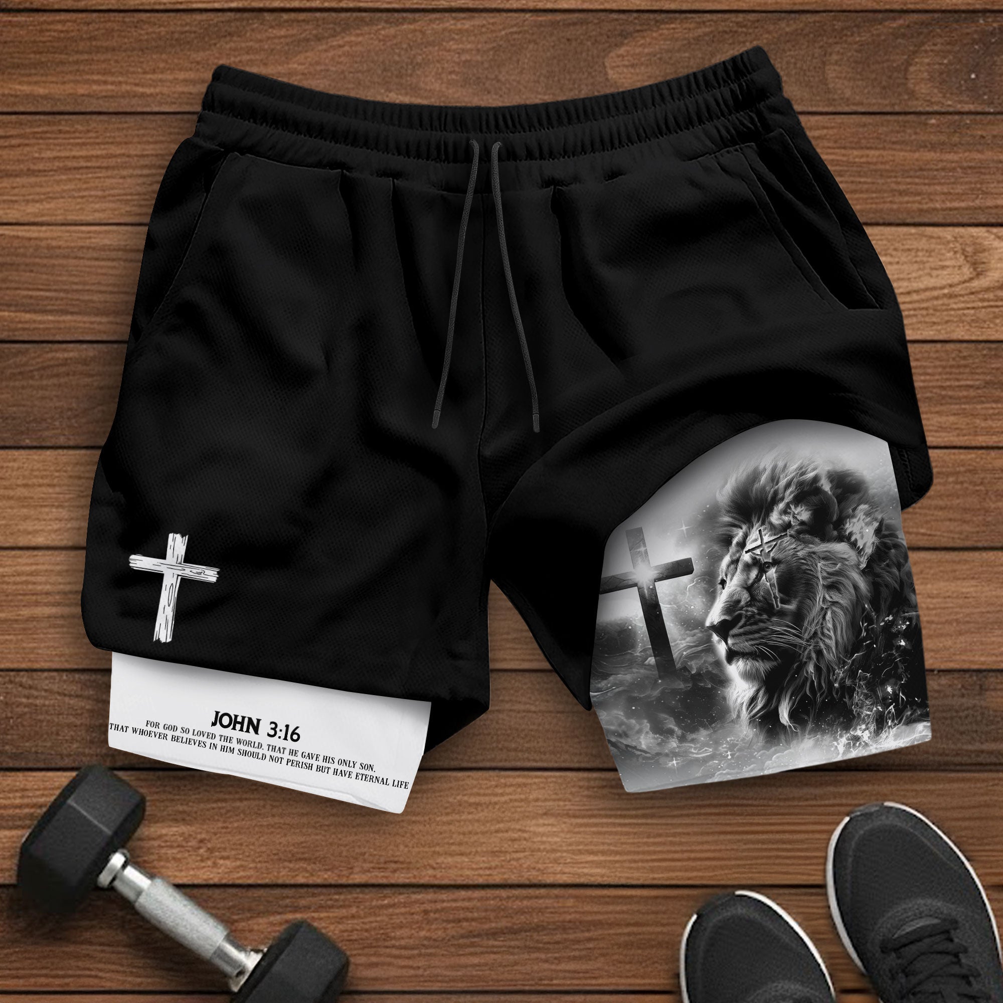 John 3 16 Christian Gym Shorts for Men Lion Cross Design