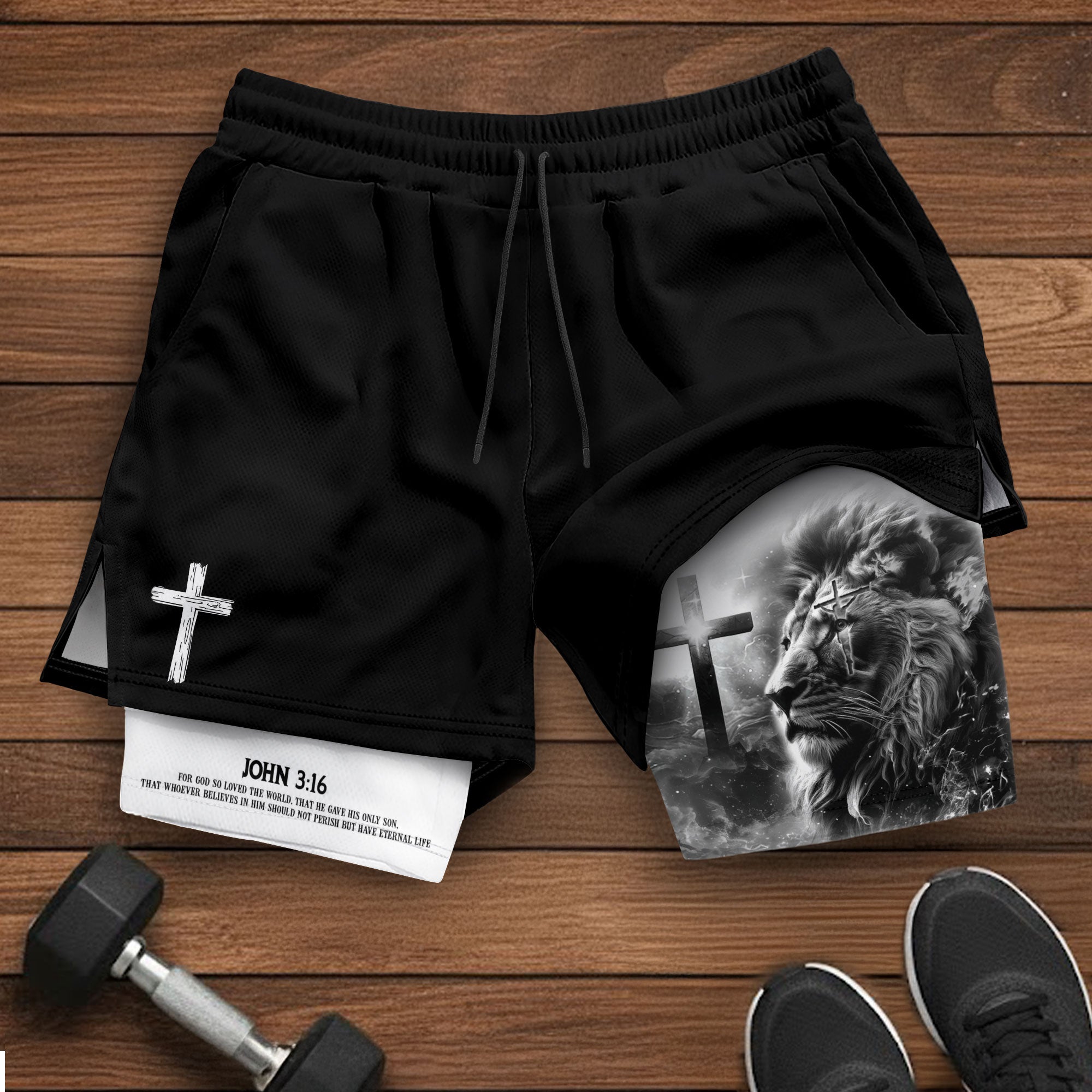 John 3:16 Christian Gym Shorts for Men Lion Cross Design - Rust Field Wear