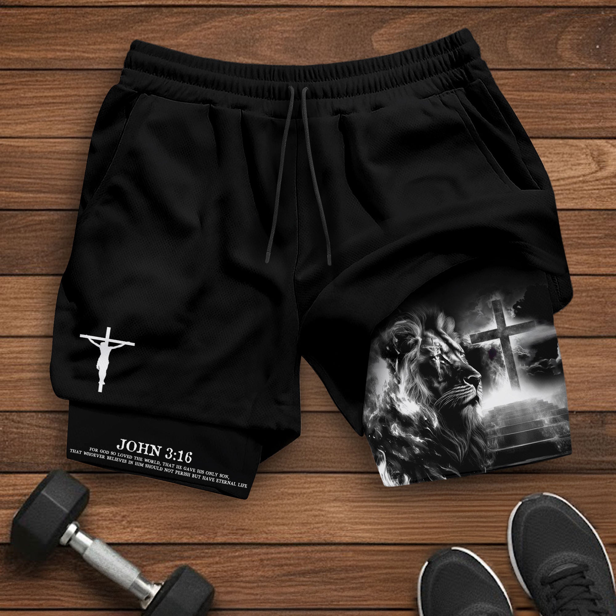 John 3 16 Christian Gym Shorts for Men Lion Cross Jesus Design