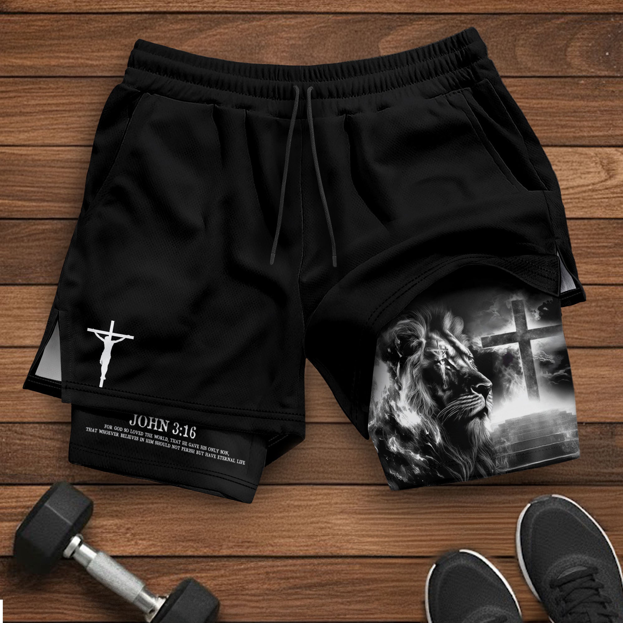 John 3:16 Christian Gym Shorts for Men Lion Cross Jesus Design - Rust Field Wear