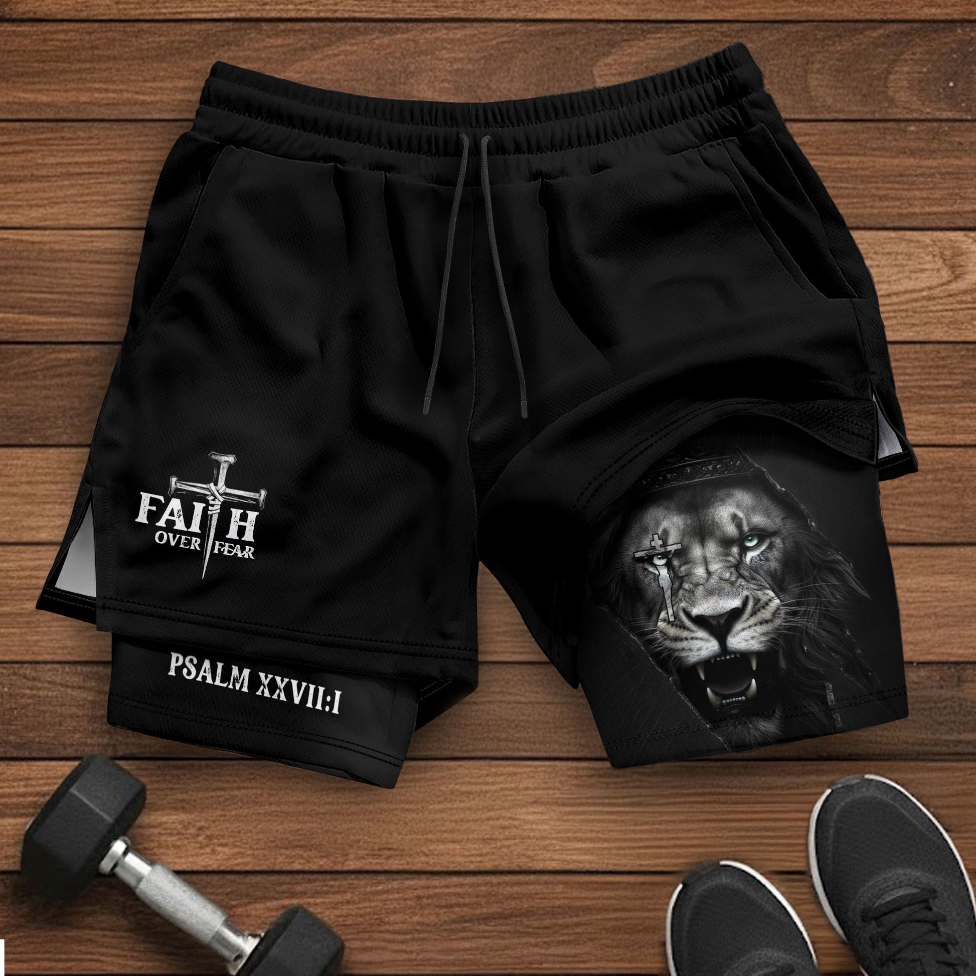 Psalm 27:1 Faith Over Fear Christian Gym Shorts Lion Cross Design - Rust Field Wear