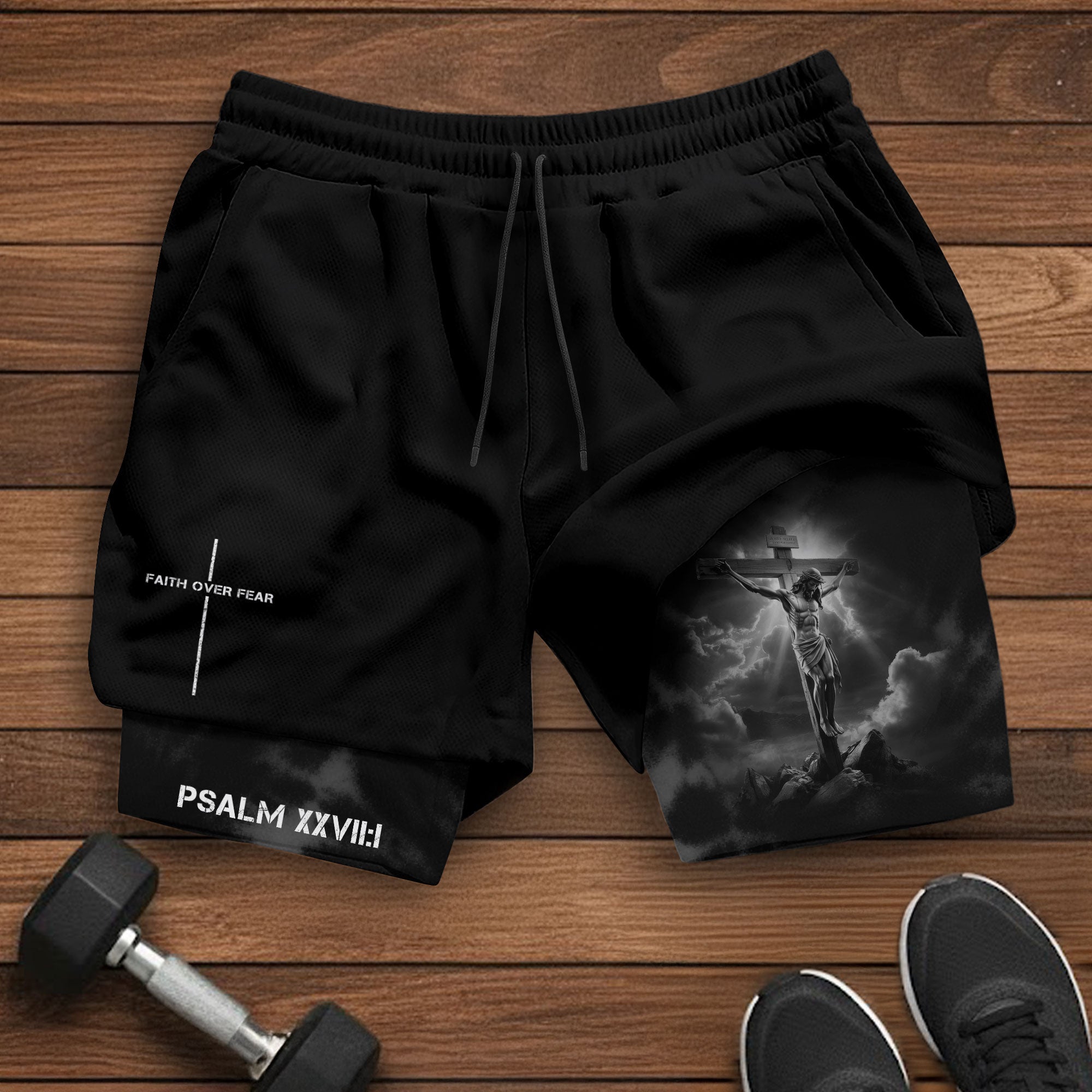 Psalm 27 1 Christian Gym Shorts Jesus on Cross Faith Over Fear