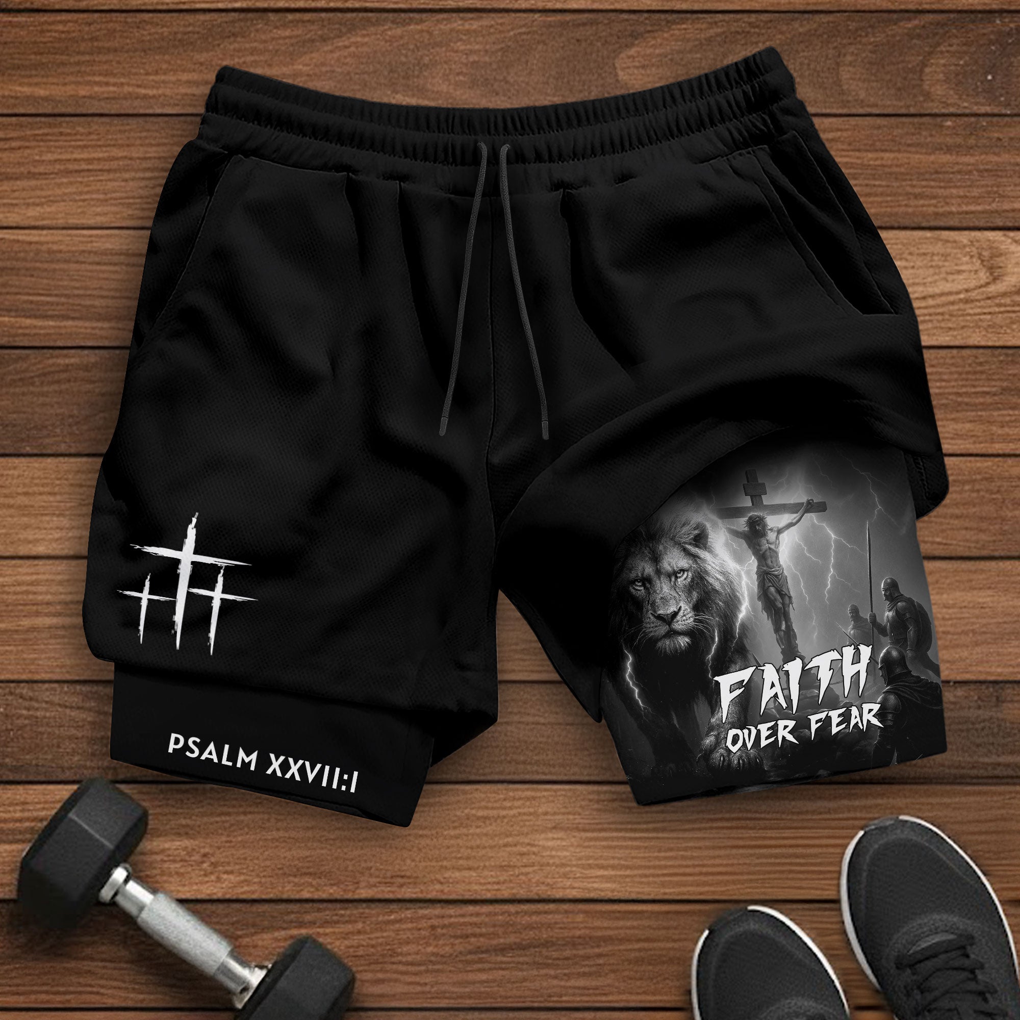 Psalm 27 1 Faith Over Fear Christian Gym Shorts Lion and Cross Design
