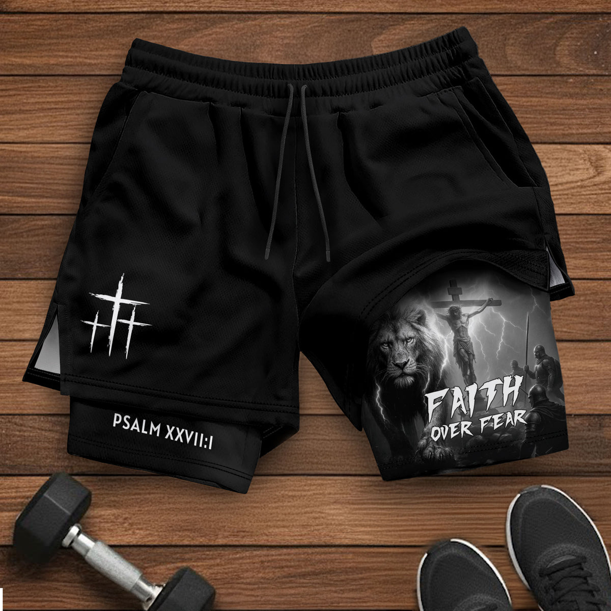 Psalm 27:1 Faith Over Fear Christian Gym Shorts Lion and Cross Design - Rust Field Wear