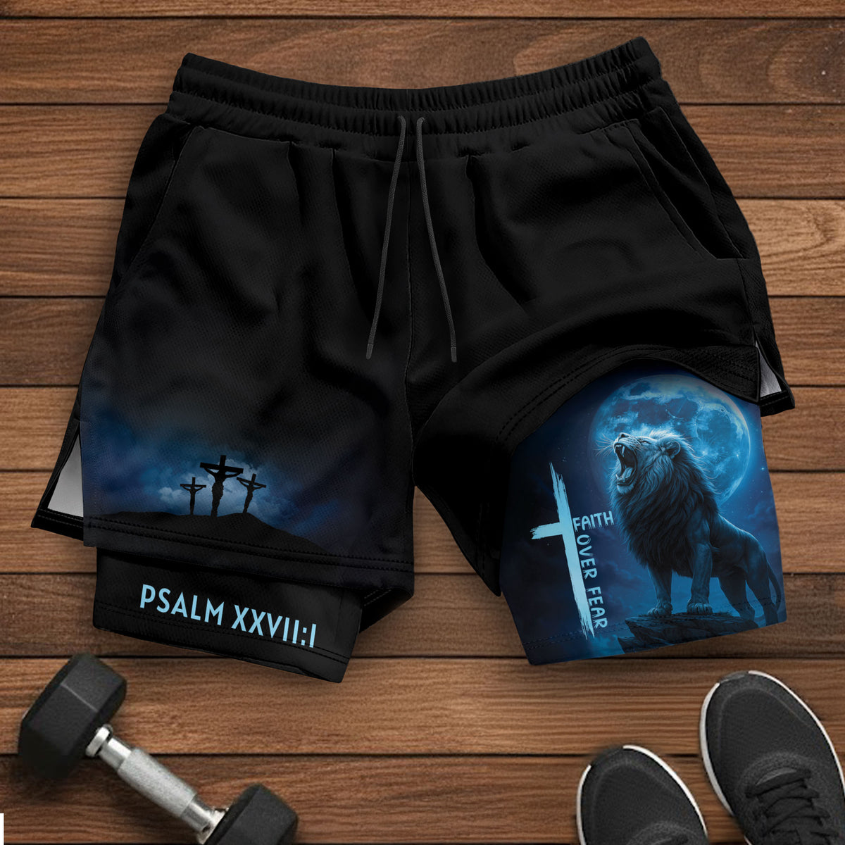 Psalm 27:1 Faith Over Fear Blue Lion Christian Gym Shorts - Rust Field Wear
