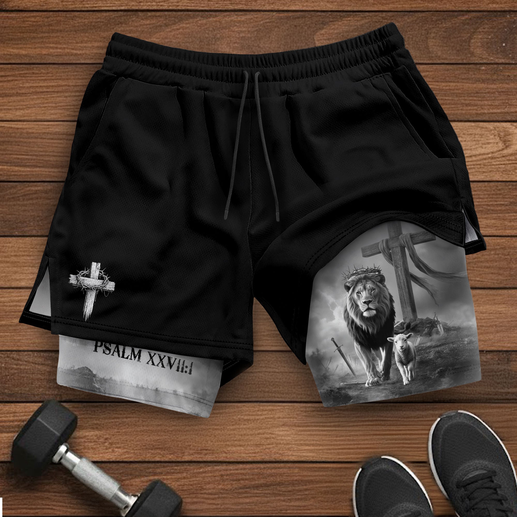 Psalm 27:1 Lion and Lamb Christian Gym Shorts Faith Over Fear - Rust Field Wear