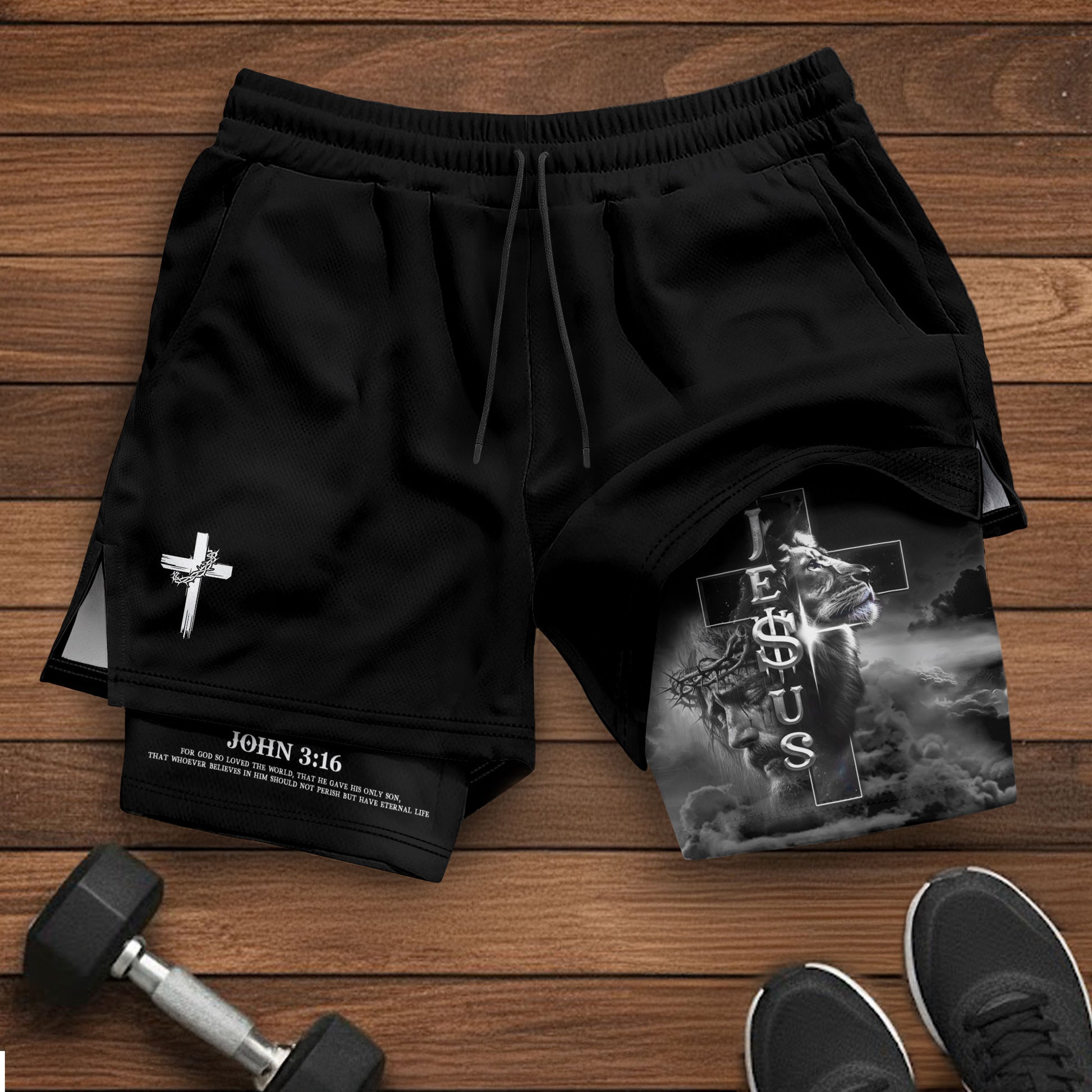 John 3:16 Christian Shorts for Men Jesus Cross Lion Design - Rust Field Wear