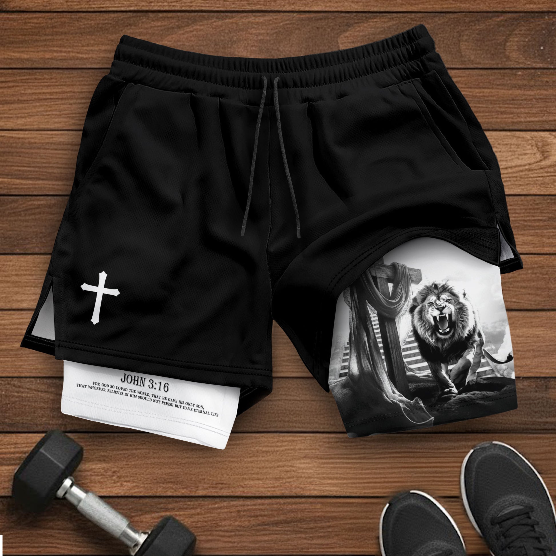 Christian Lion Cross Shorts for Men John 3:16 Bible Verse - Rust Field Wear