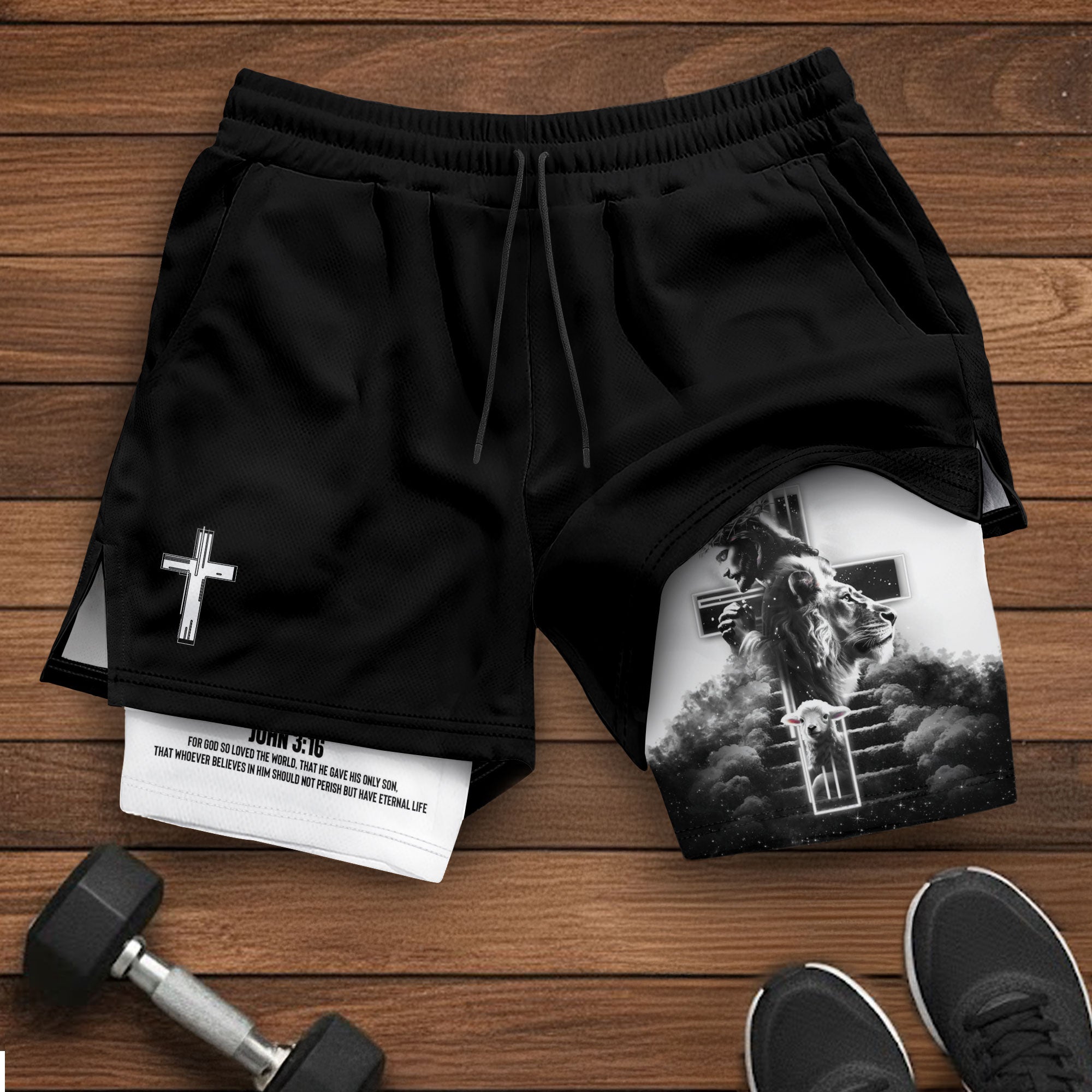 Jesus Cross Christian Shorts for Men John 3:16 Bible Verse - Rust Field Wear