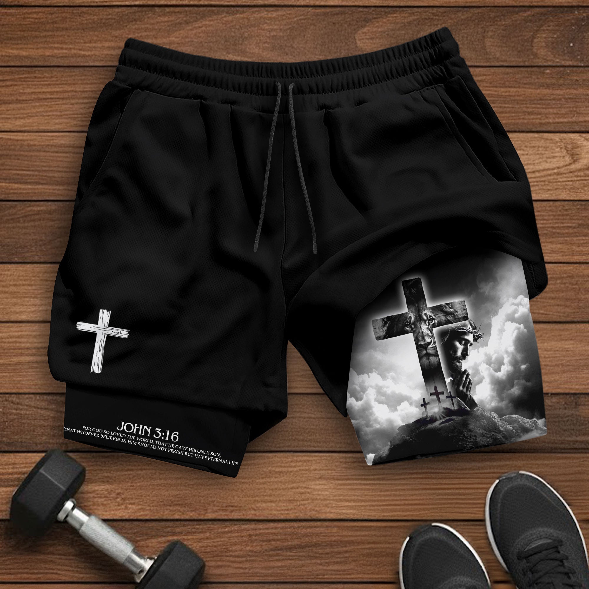 John 3 16 Bible Verse Shorts for Men Jesus Cross Christian Apparel