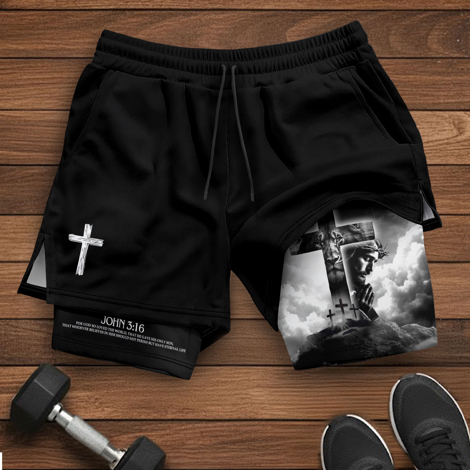 John 3:16 Bible Verse Shorts for Men Jesus Cross Christian Apparel - Rust Field Wear