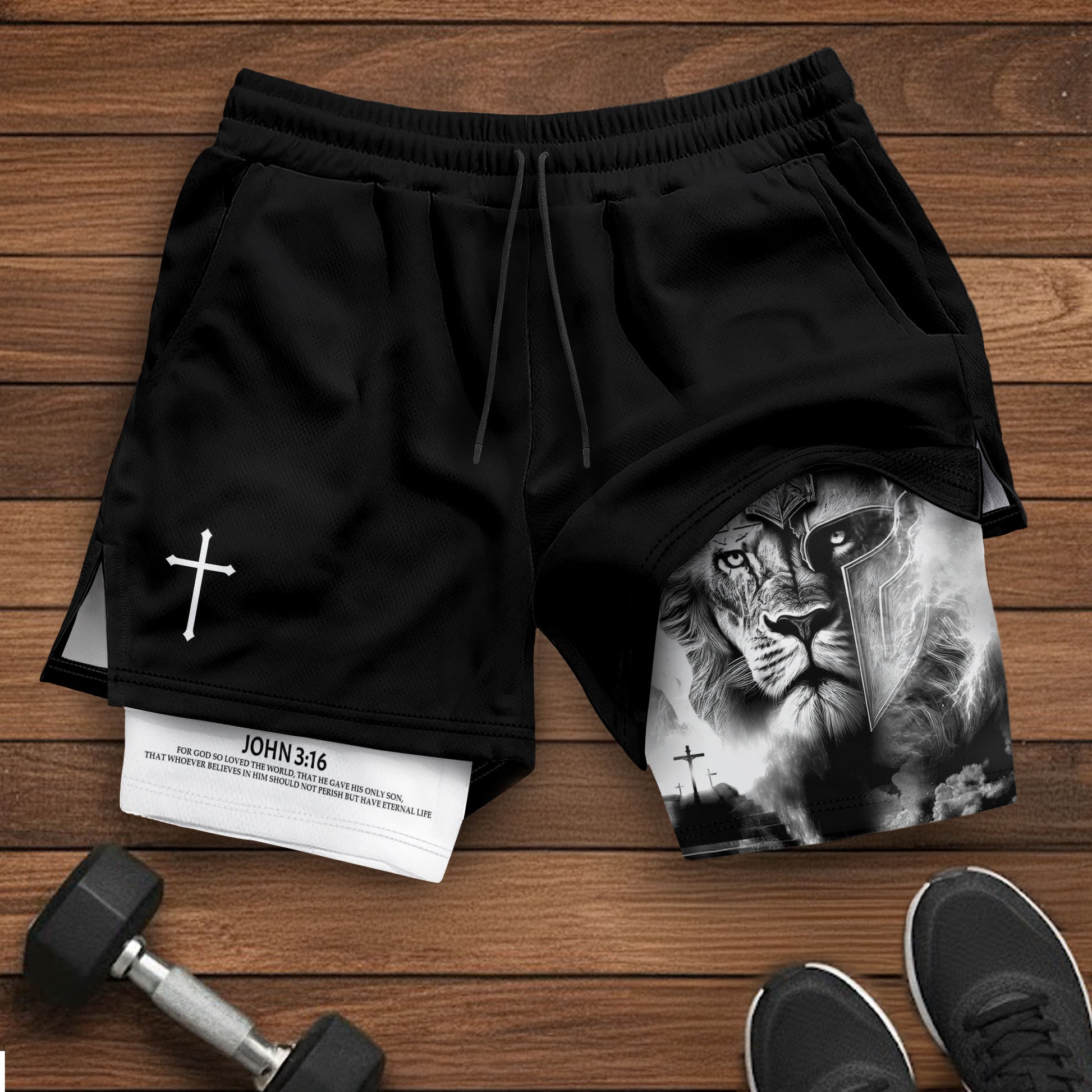 Lion of Judah Christian Shorts for Men Warrior Cross John 3:16 - Rust Field Wear