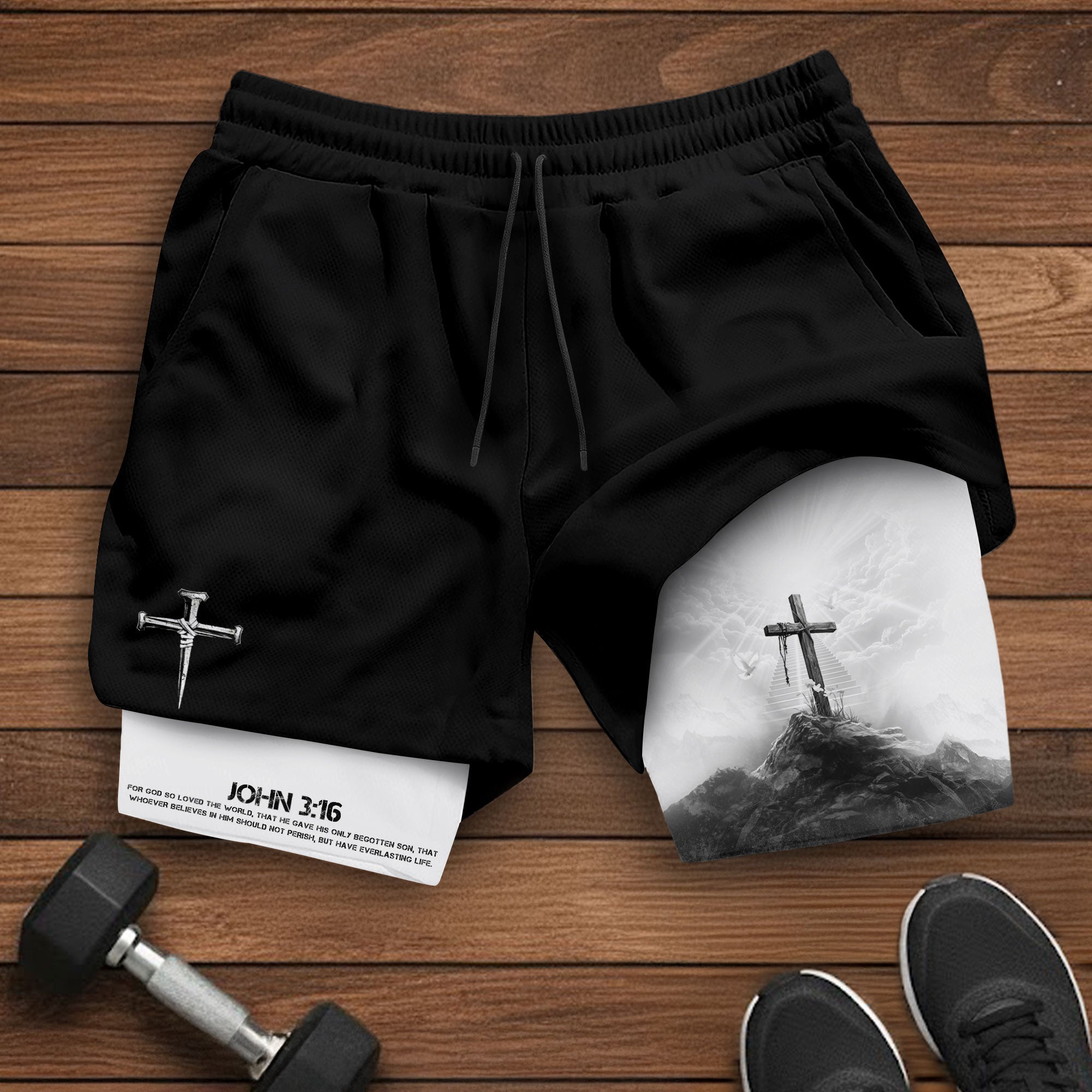 John 3:16 Christian Gym Shorts for Men with Liner Cross Design Religious
