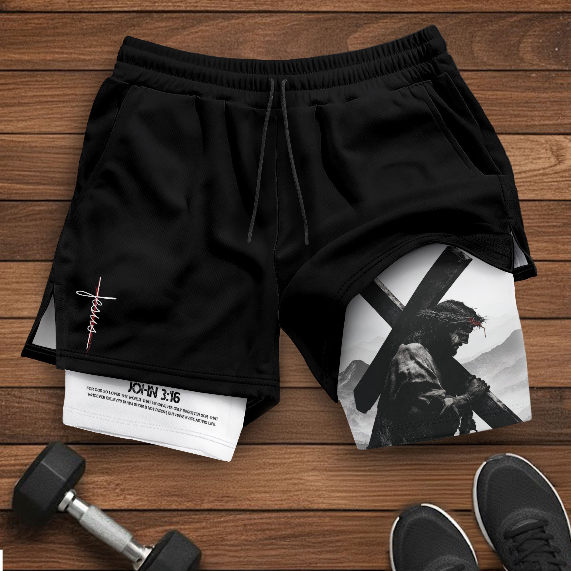 John 3:16 Christian Gym Shorts for Men with Liner Jesus Cross Design Religious - Rust Field Wear