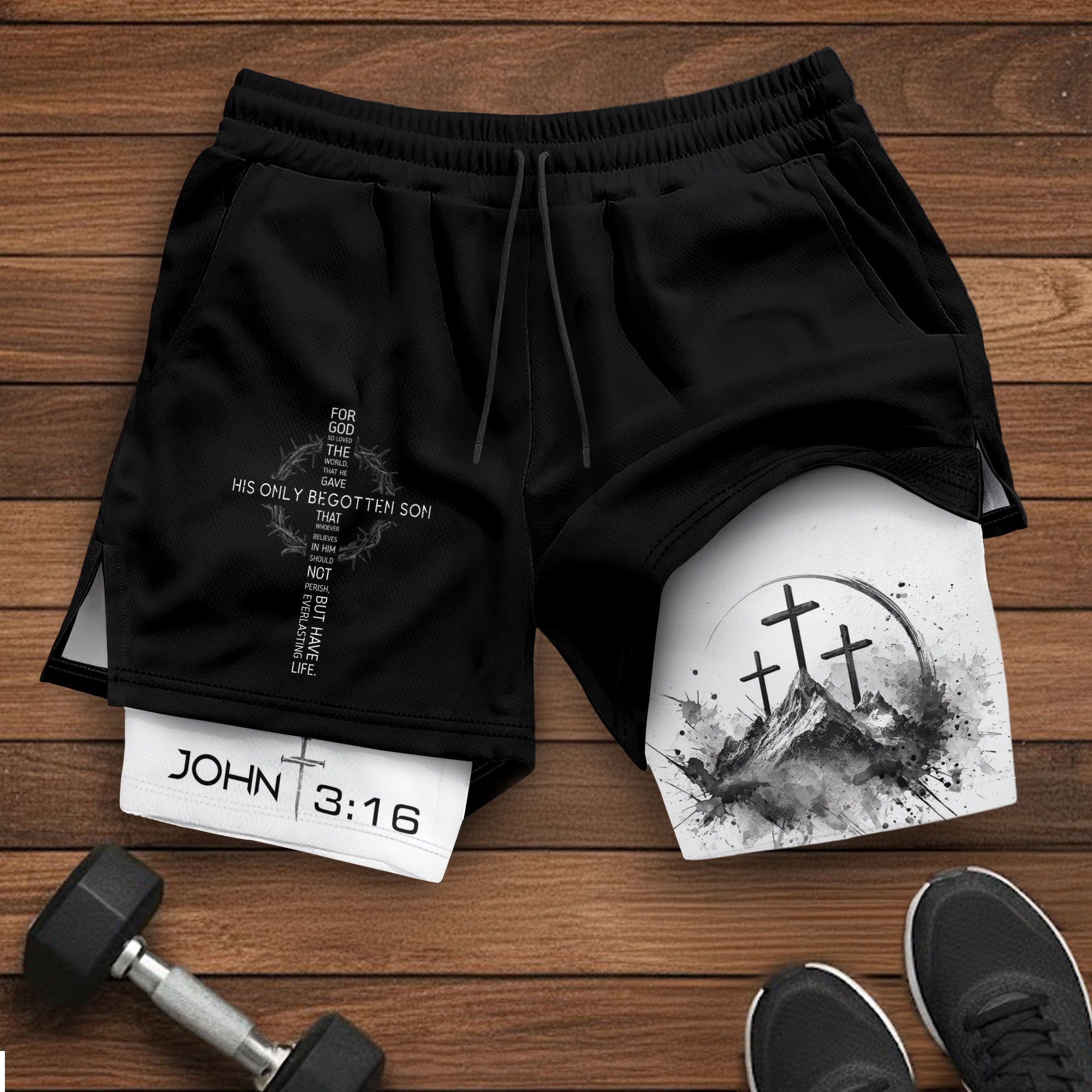 John 3:16 Christian Gym Shorts for Men with Liner Mountain Cross Design - Rust Field Wear