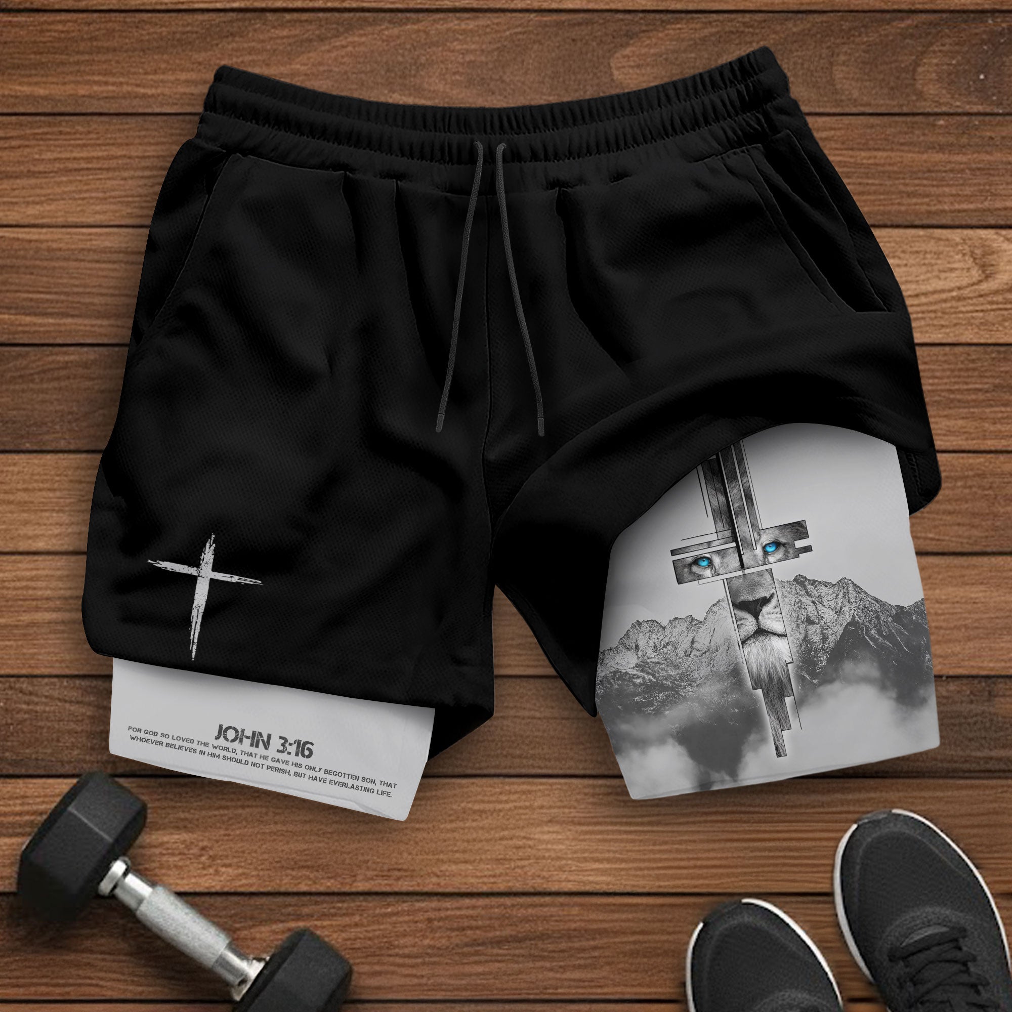 John 3:16 Christian Gym Shorts for Men with Liner Lion Cross Design