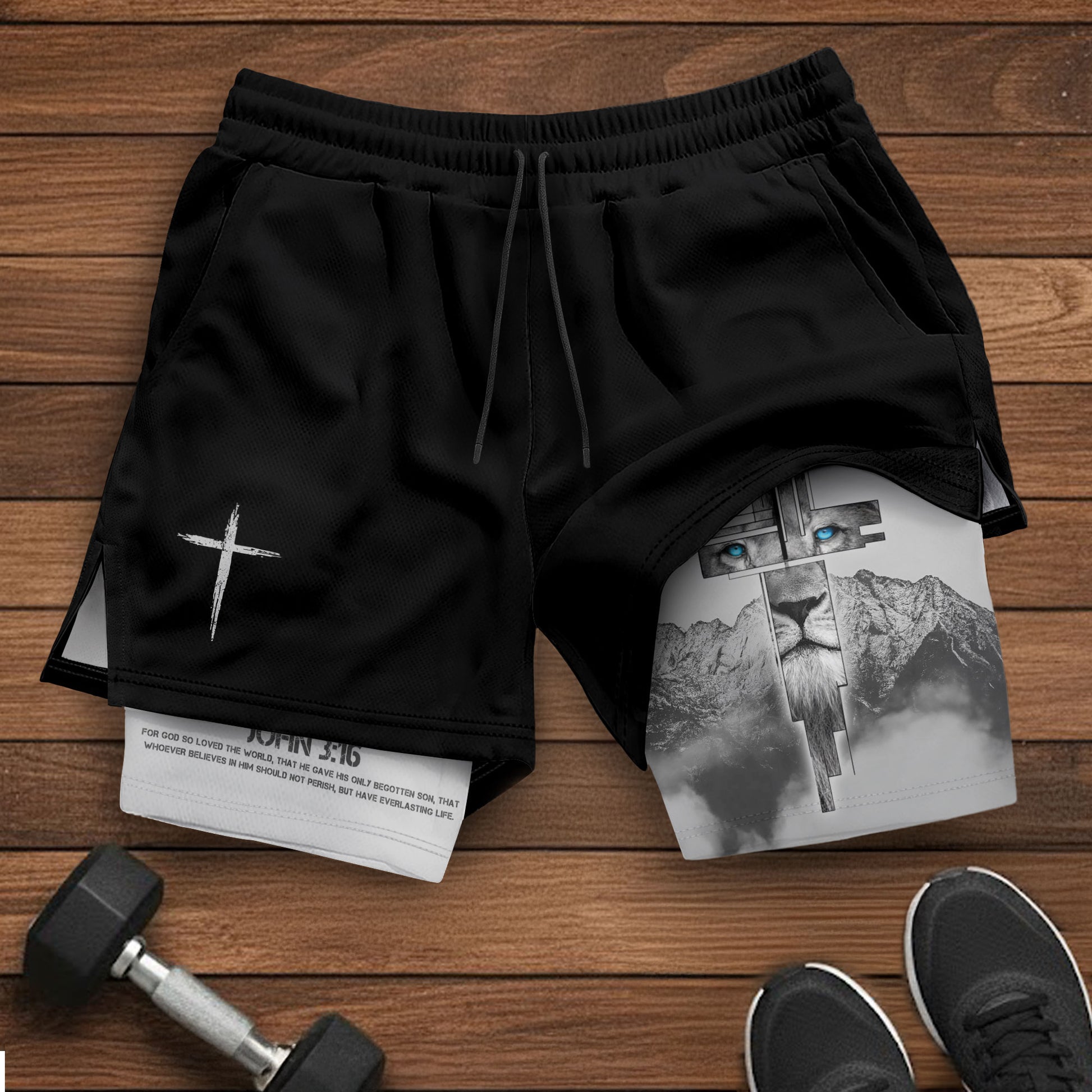 John 3:16 Christian Gym Shorts for Men with Liner Lion Cross Design - Rust Field Wear