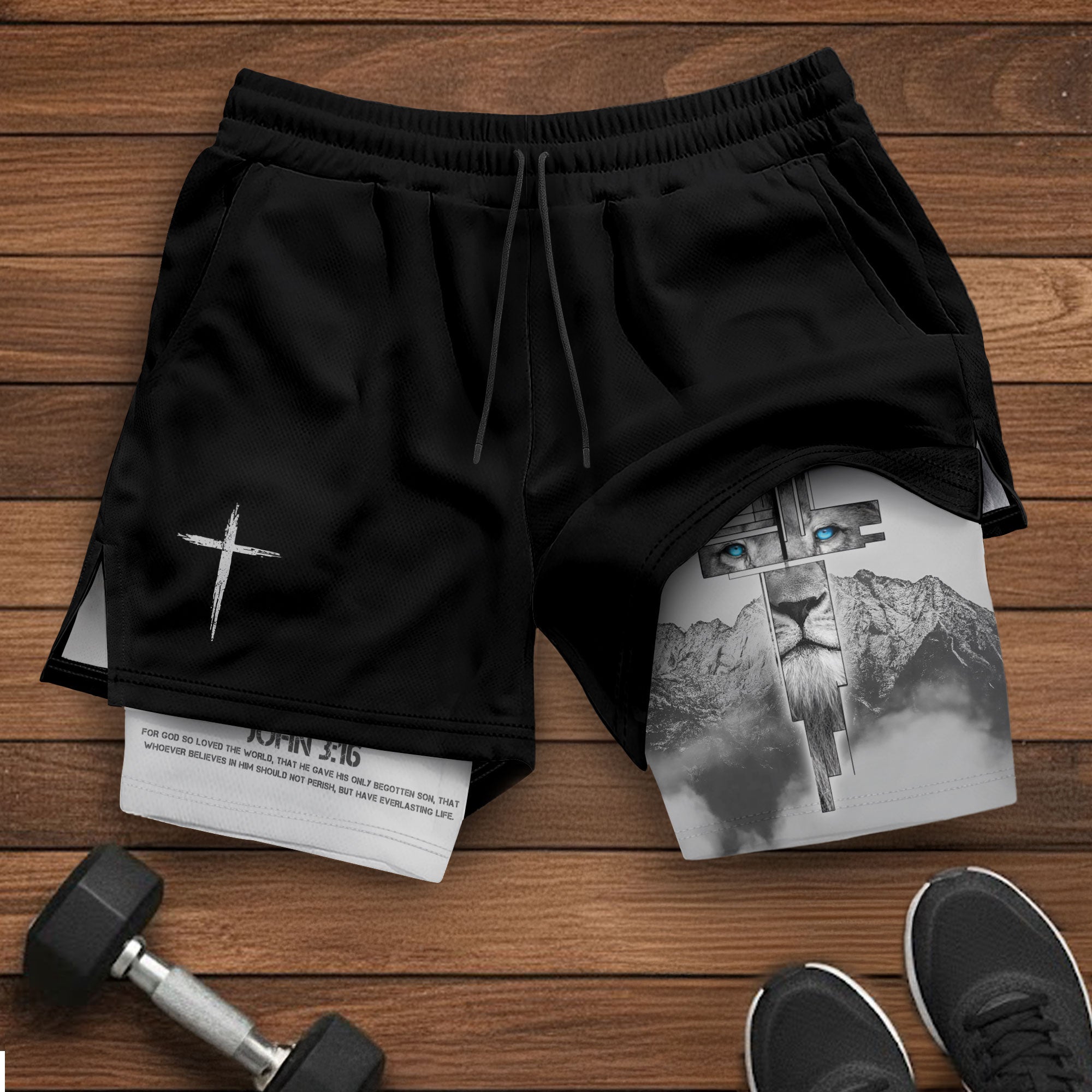 John 3:16 Christian Gym Shorts for Men with Liner Lion Cross Design - Rust Field Wear