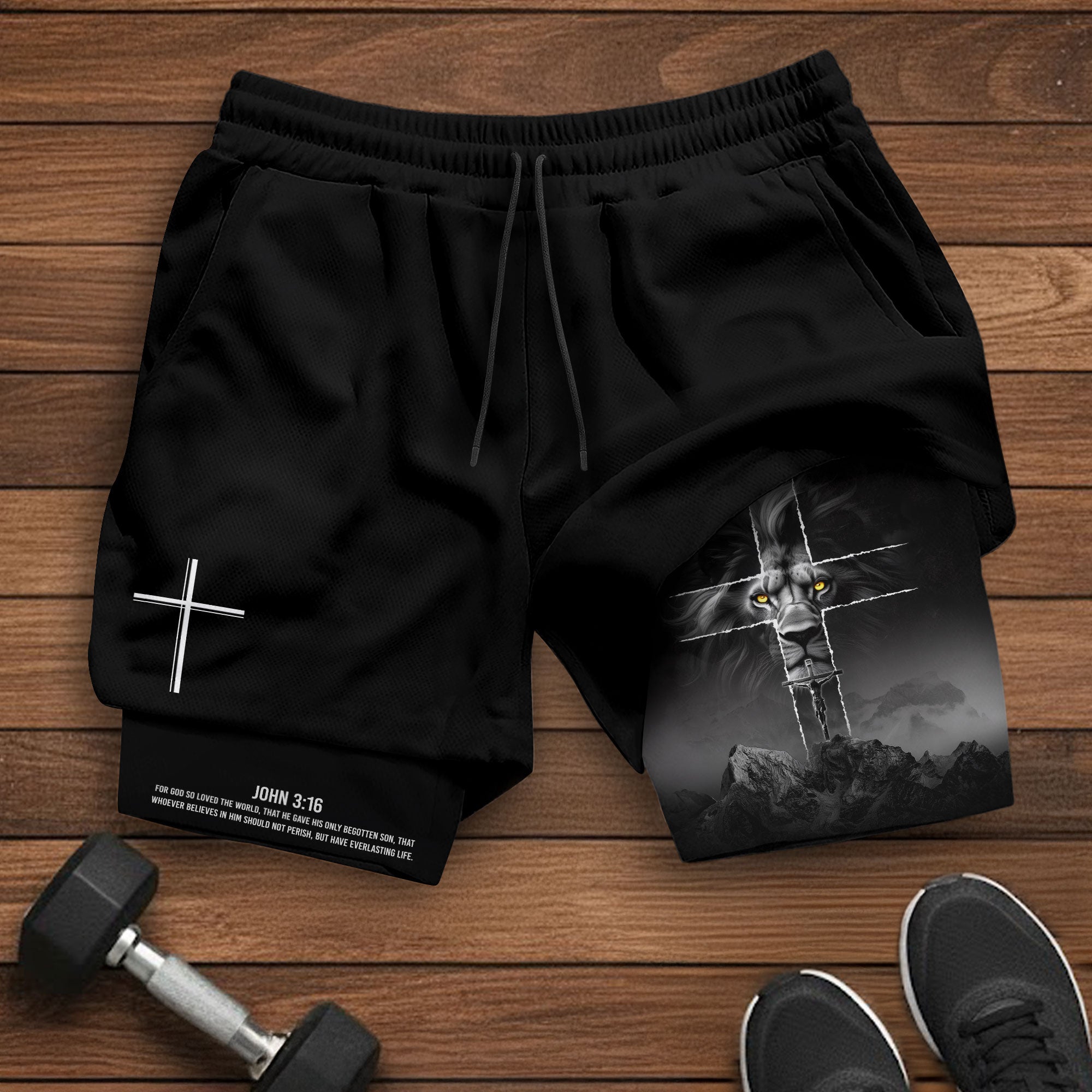 John 3:16 Christian Gym Shorts for Men with Liner Golden Eye Lion Design