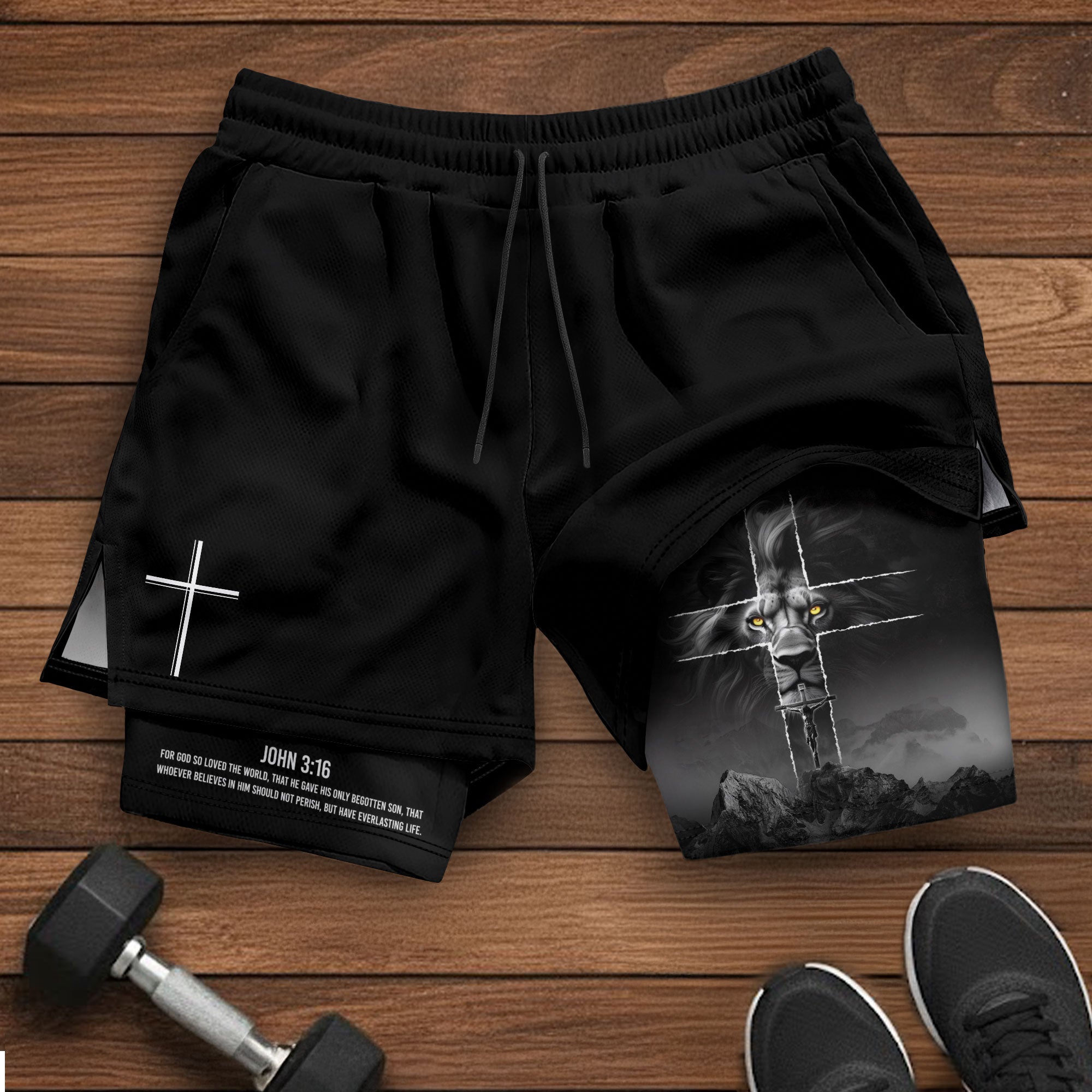 John 3:16 Christian Gym Shorts for Men with Liner Golden Eye Lion Design - Rust Field Wear