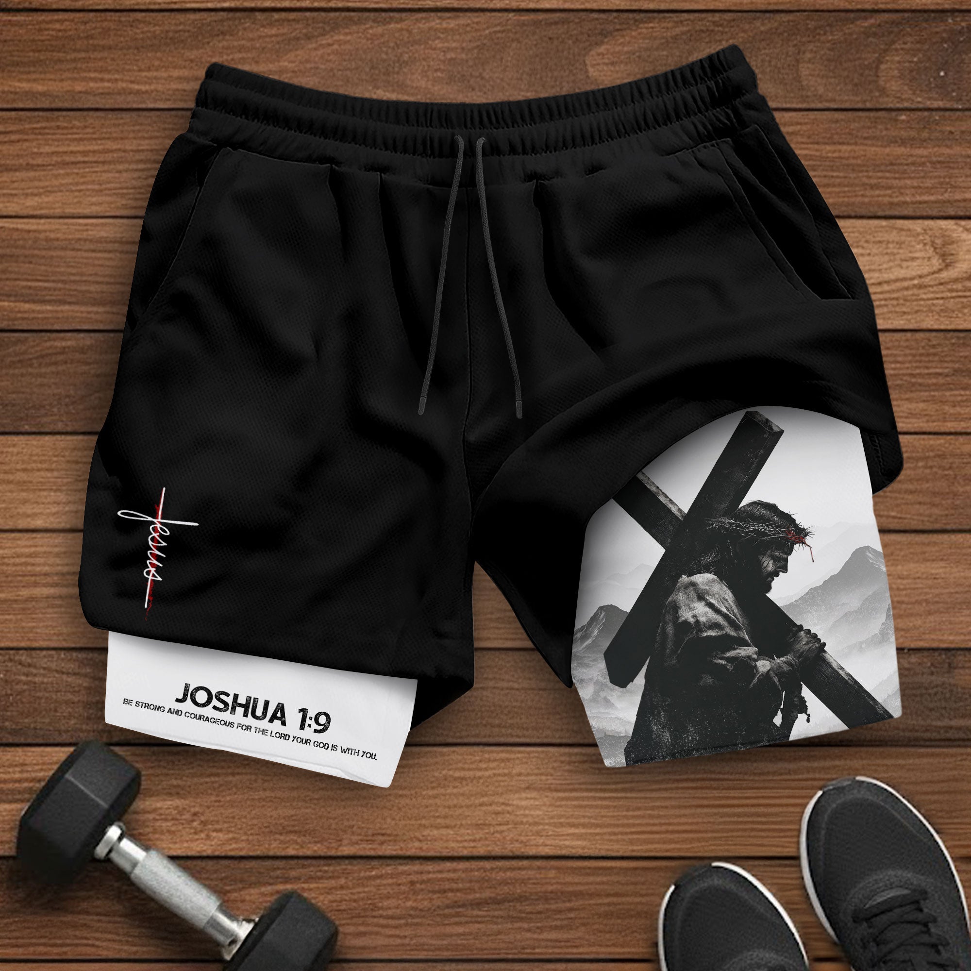 Joshua 1 9 Jesus Carrying Cross Christian Gym Shorts Faith Strength