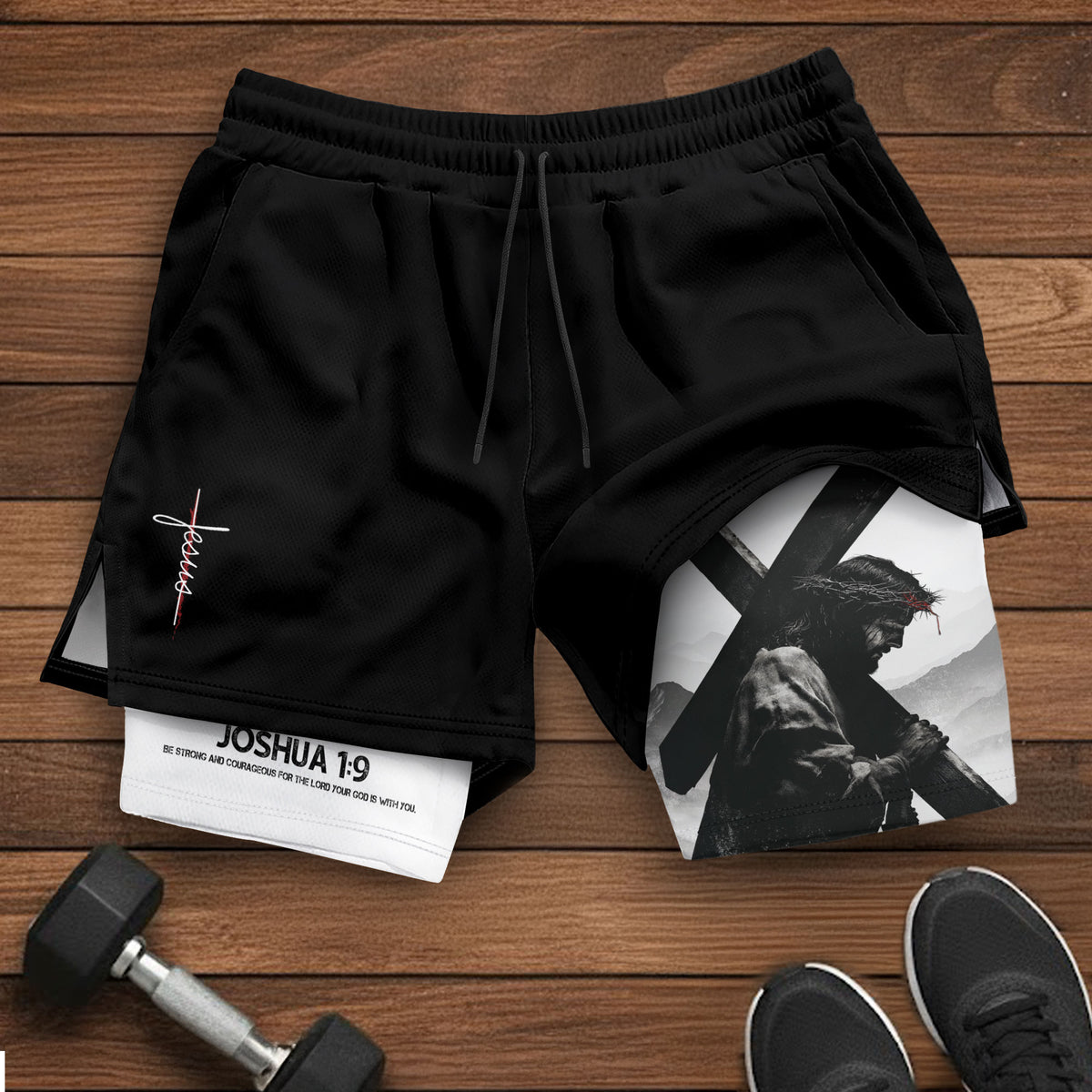 Joshua 1:9 Jesus Carrying Cross Christian Gym Shorts Faith Strength - Rust Field Wear