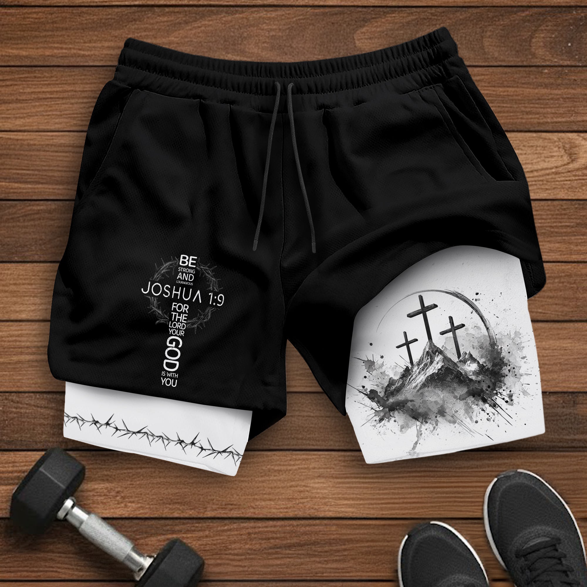 Joshua 1 9 Three Crosses Christian Gym Shorts Faith Over Fear