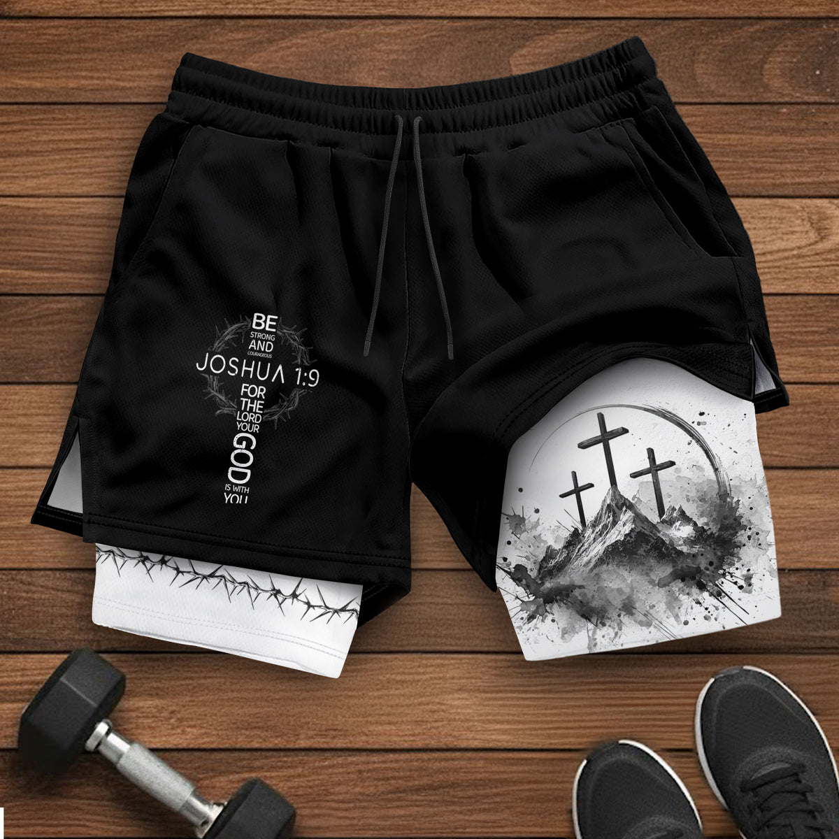 Joshua 1:9 Three Crosses Christian Gym Shorts Faith Over Fear - Rust Field Wear