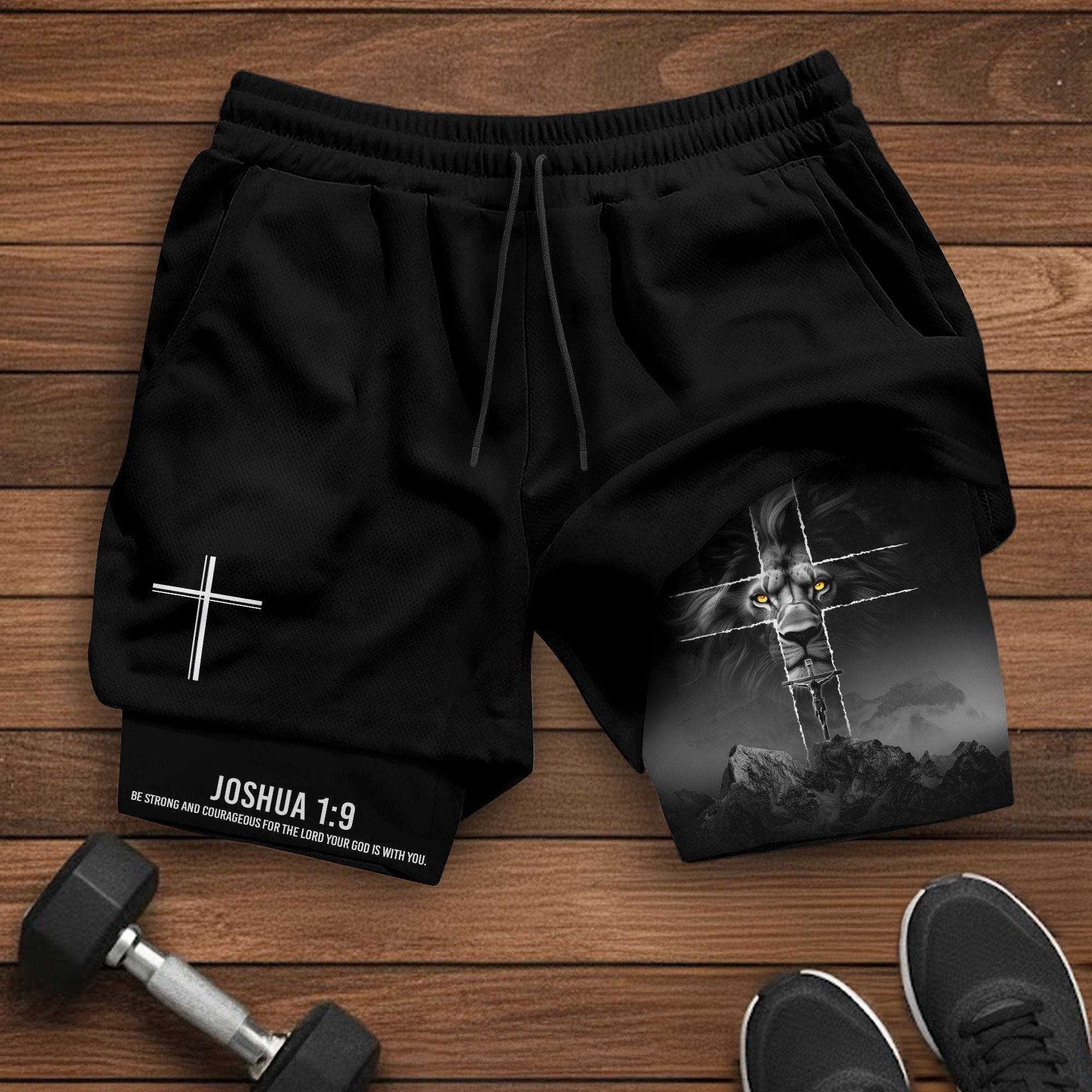 Joshua 1 9 Lion Cross Faith Christian Gym Shorts Bible Verse