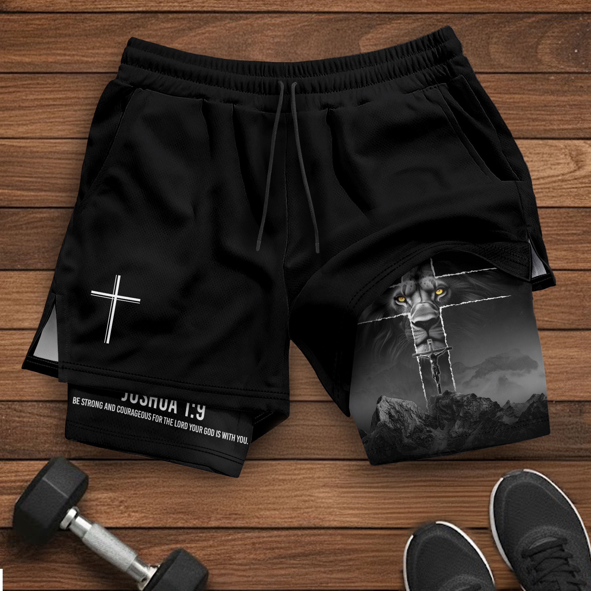 Joshua 1:9 Lion Cross Faith Christian Gym Shorts Bible Verse - Rust Field Wear