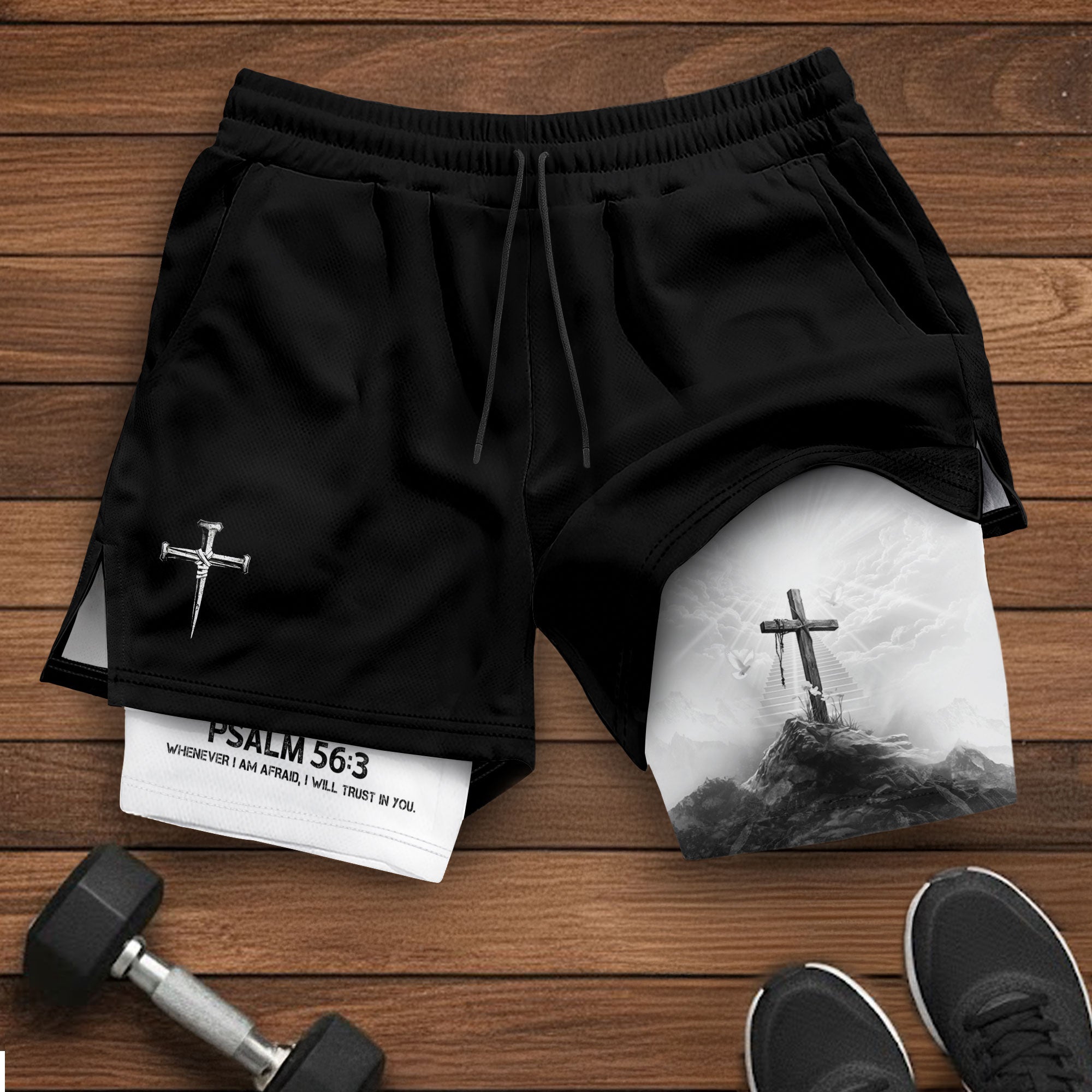 Psalm 56:3 Cross on the Mountain Christian Gym Shorts - Rust Field Wear