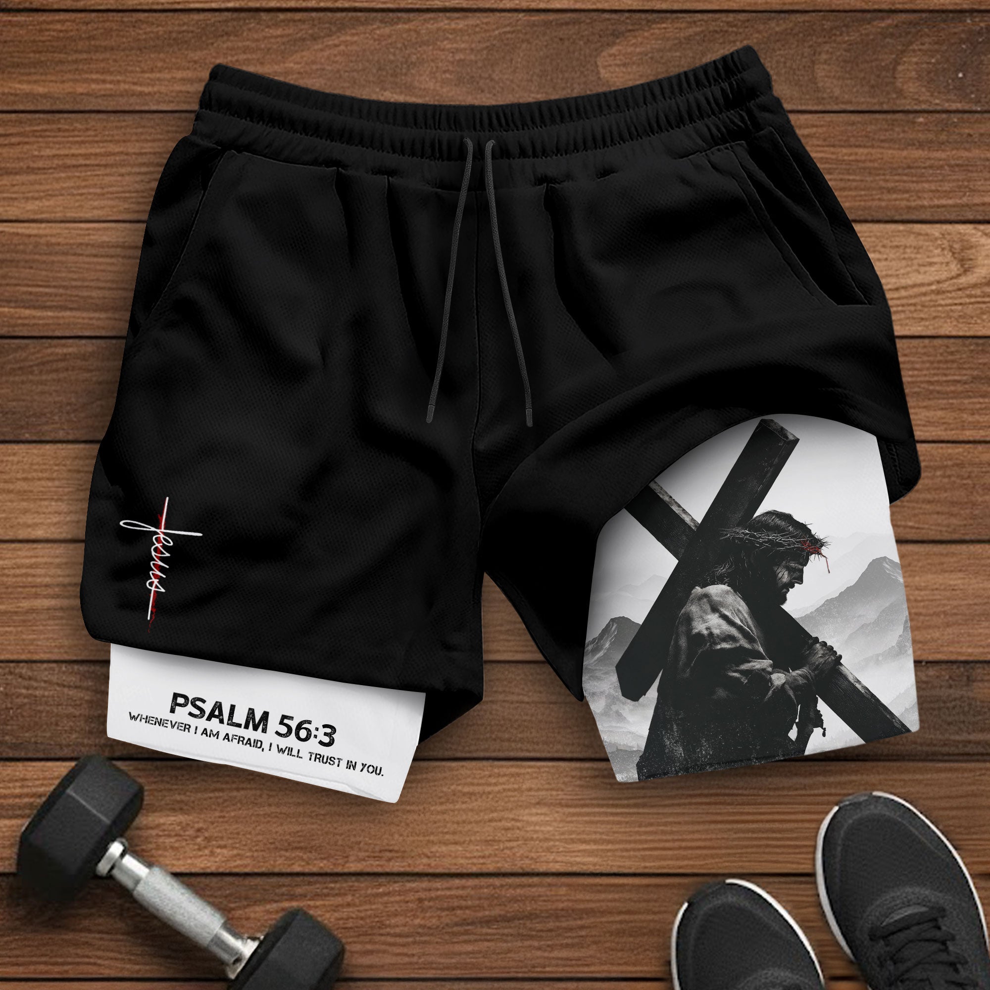 Psalm 56 3 Jesus Carrying the Cross Christian Gym Shorts