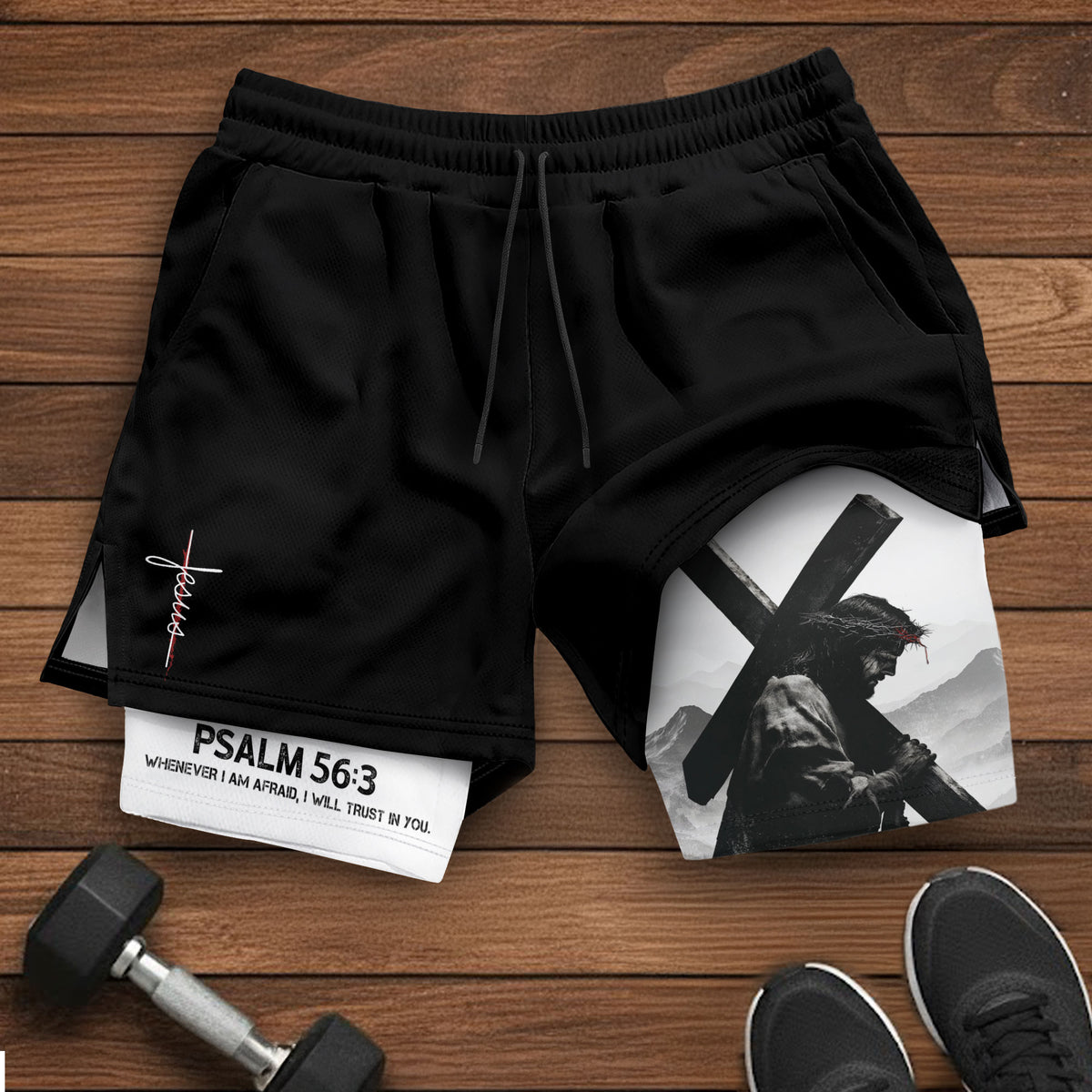 Psalm 56:3 Jesus Carrying the Cross Christian Gym Shorts - Rust Field Wear