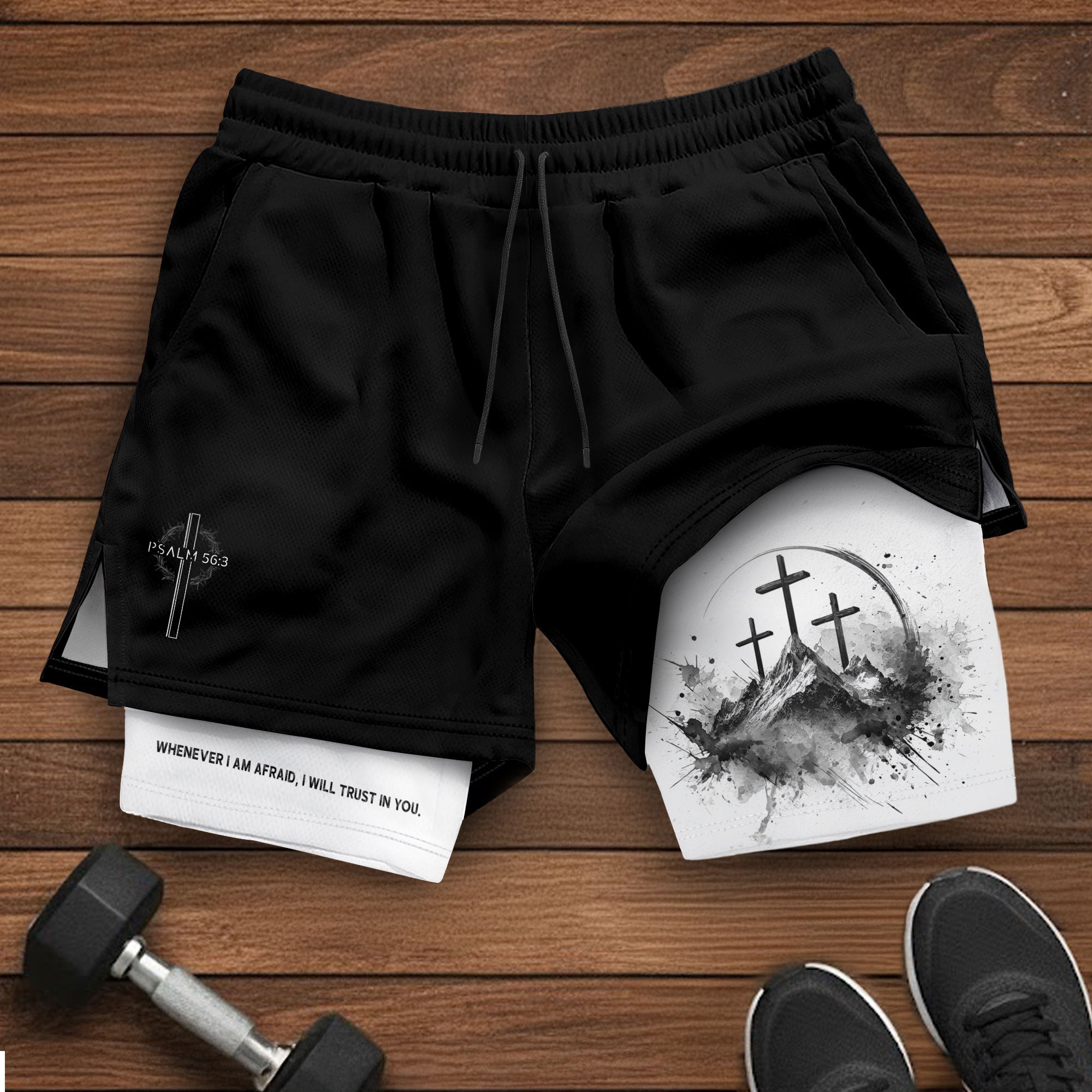 Psalm 56:3 Three Crosses Christian Gym Shorts Faith Over Fear - Rust Field Wear