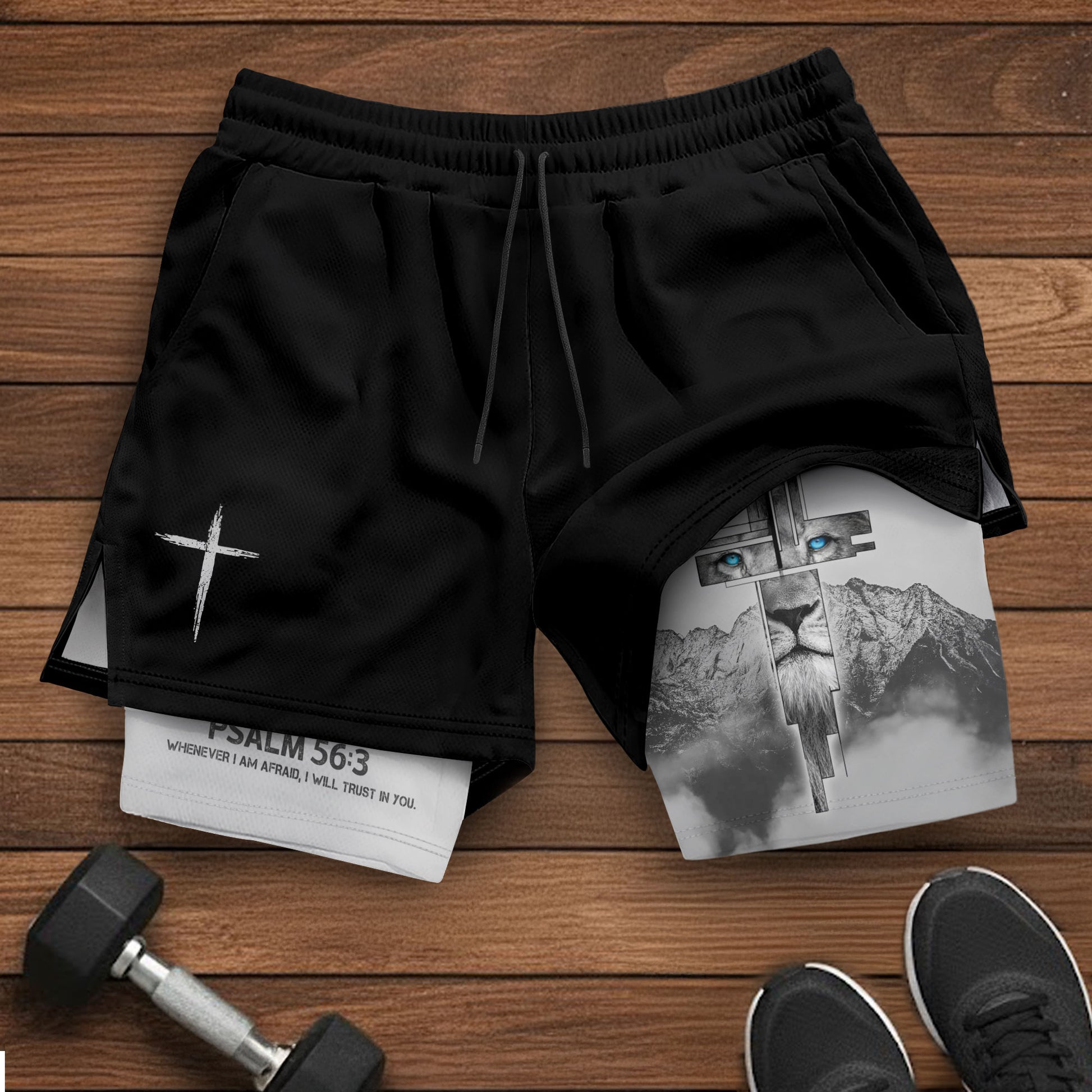 Psalm 56:3 Lion Cross Christian Gym Shorts Eyes of Faith - Rust Field Wear