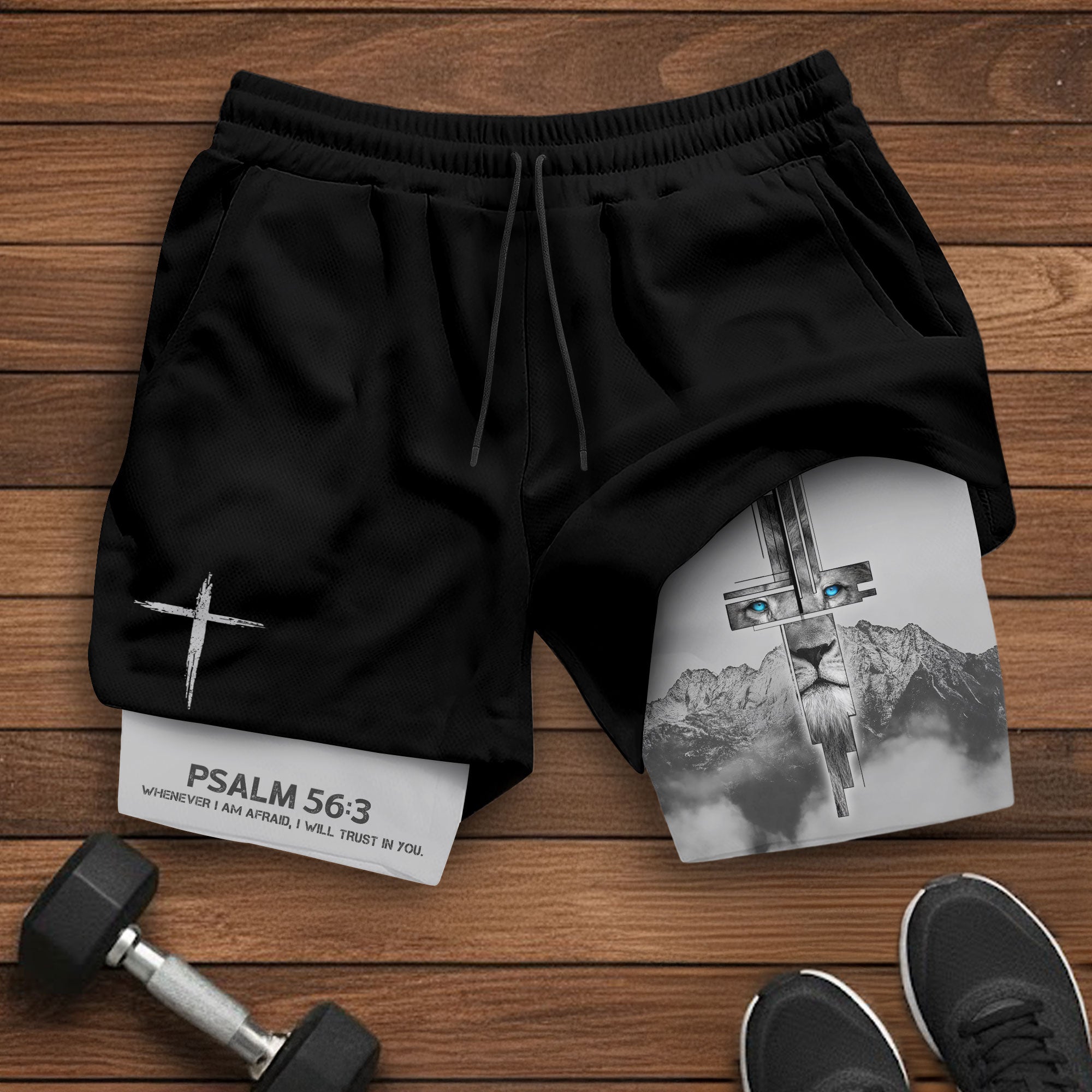 Psalm 56 3 Lion Cross Christian Gym Shorts Eyes of Faith