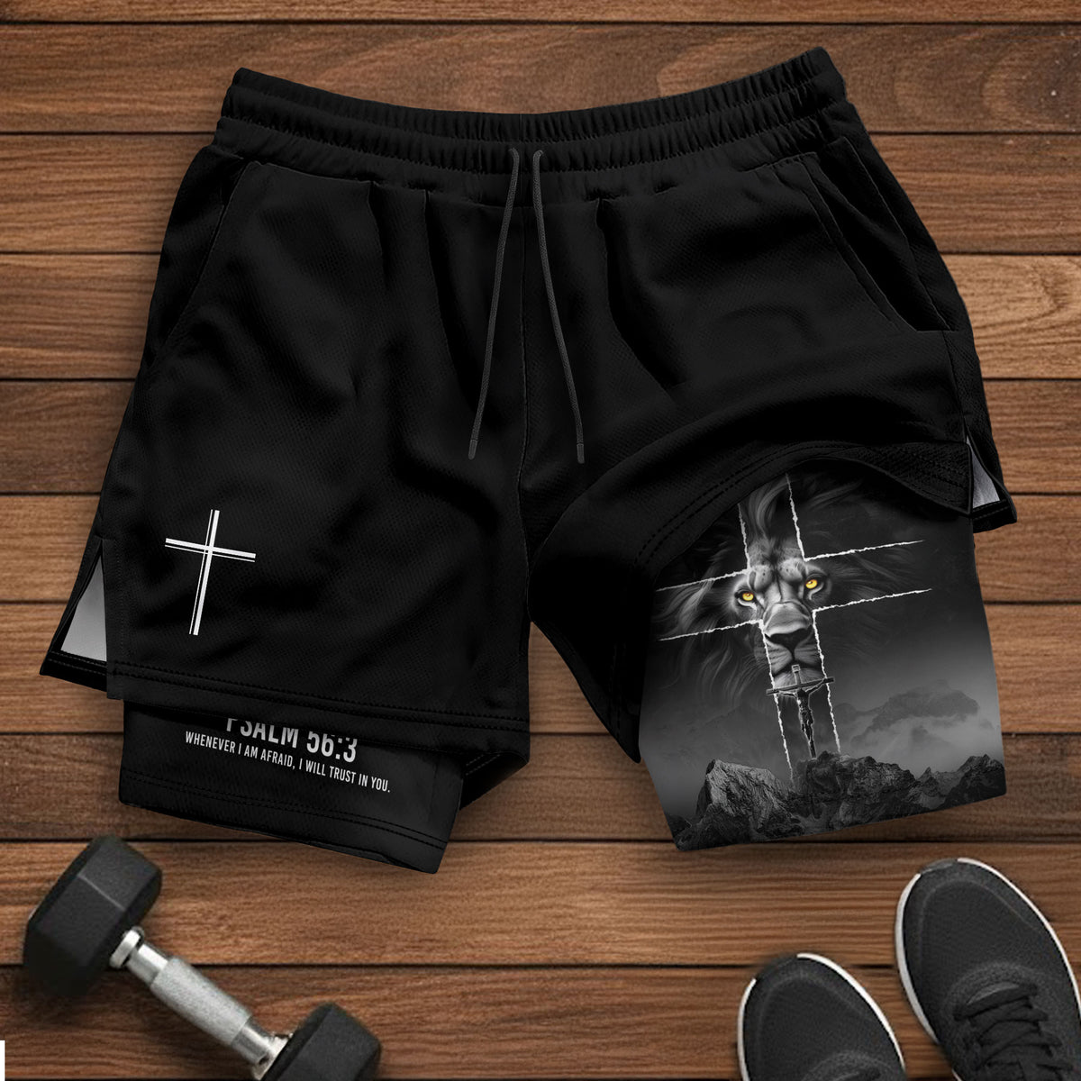 Psalm 56:3 Lion Cross Christian Gym Shorts Faith Over Fear - Rust Field Wear