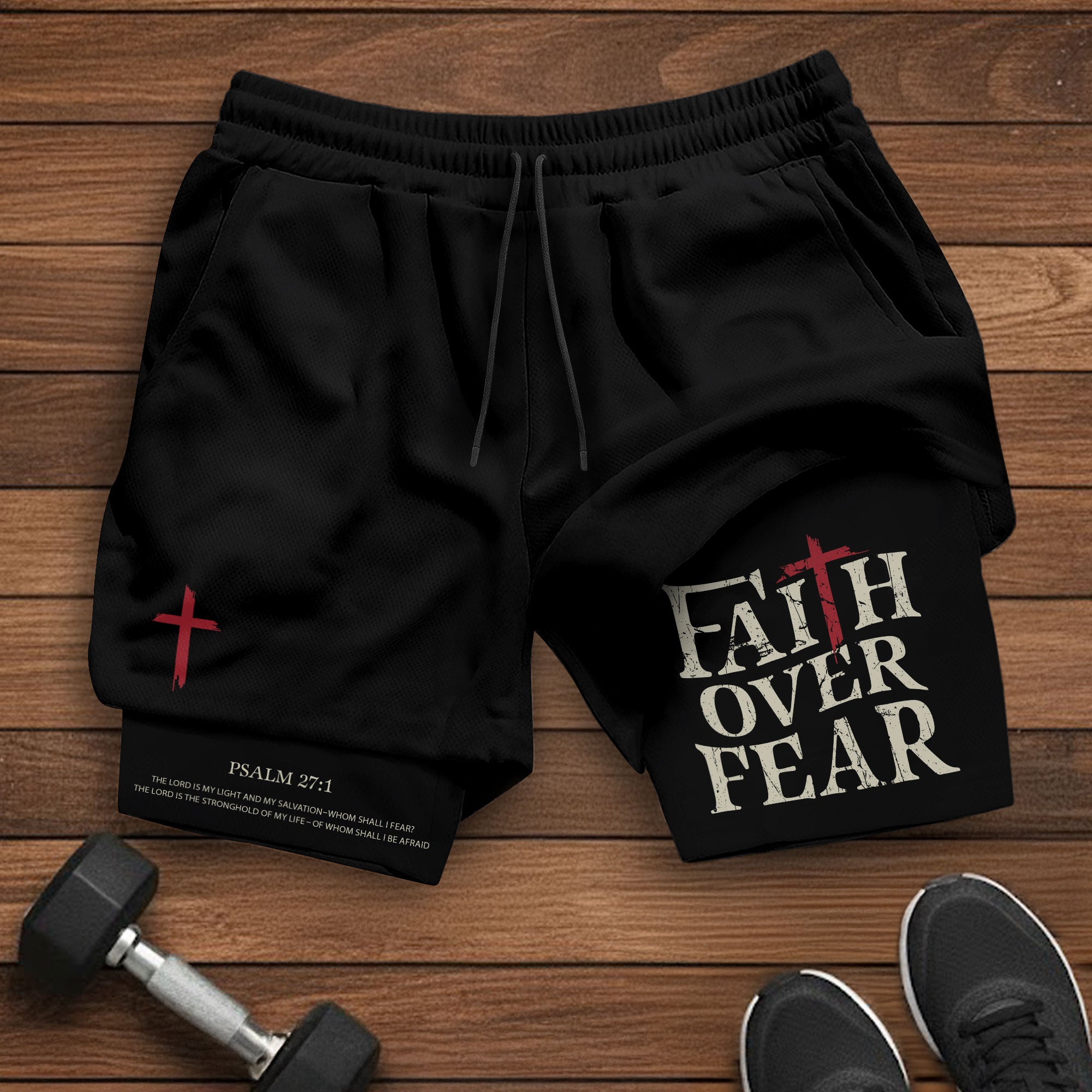 Faith Over Fear Christian Gym Shorts for Men Psalm 27 1 Red Cross