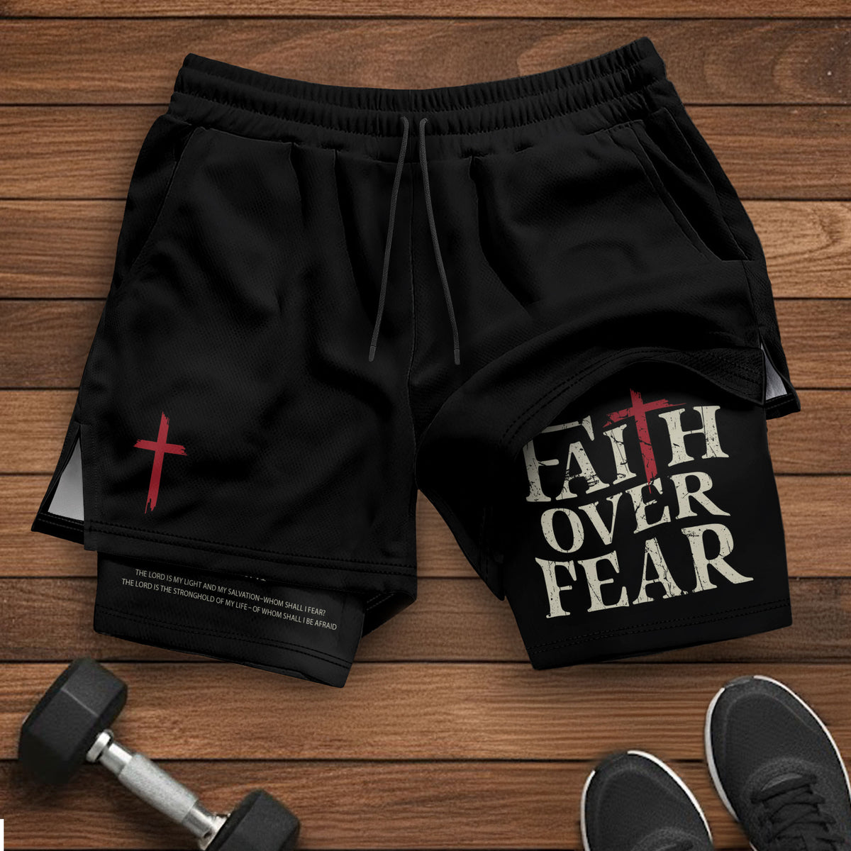 Faith Over Fear Christian Gym Shorts for Men Psalm 27:1 Red Cross upsale - Rust Field Wear