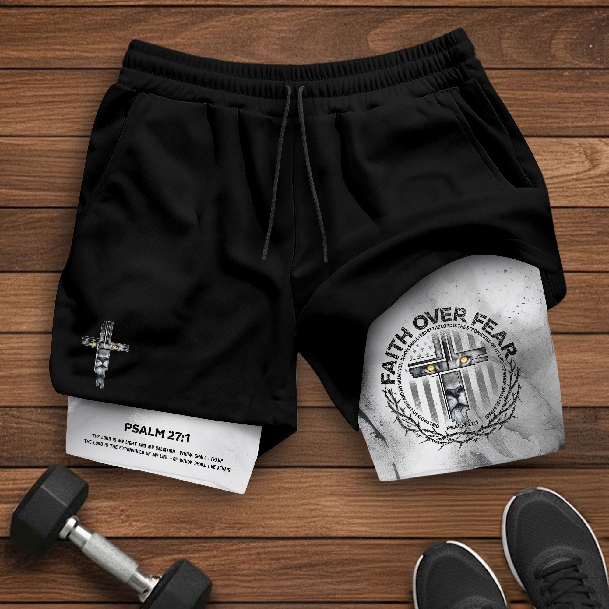 Faith Over Fear Christian Gym Shorts for Men Psalm 27 1 Armor Cross Lion
