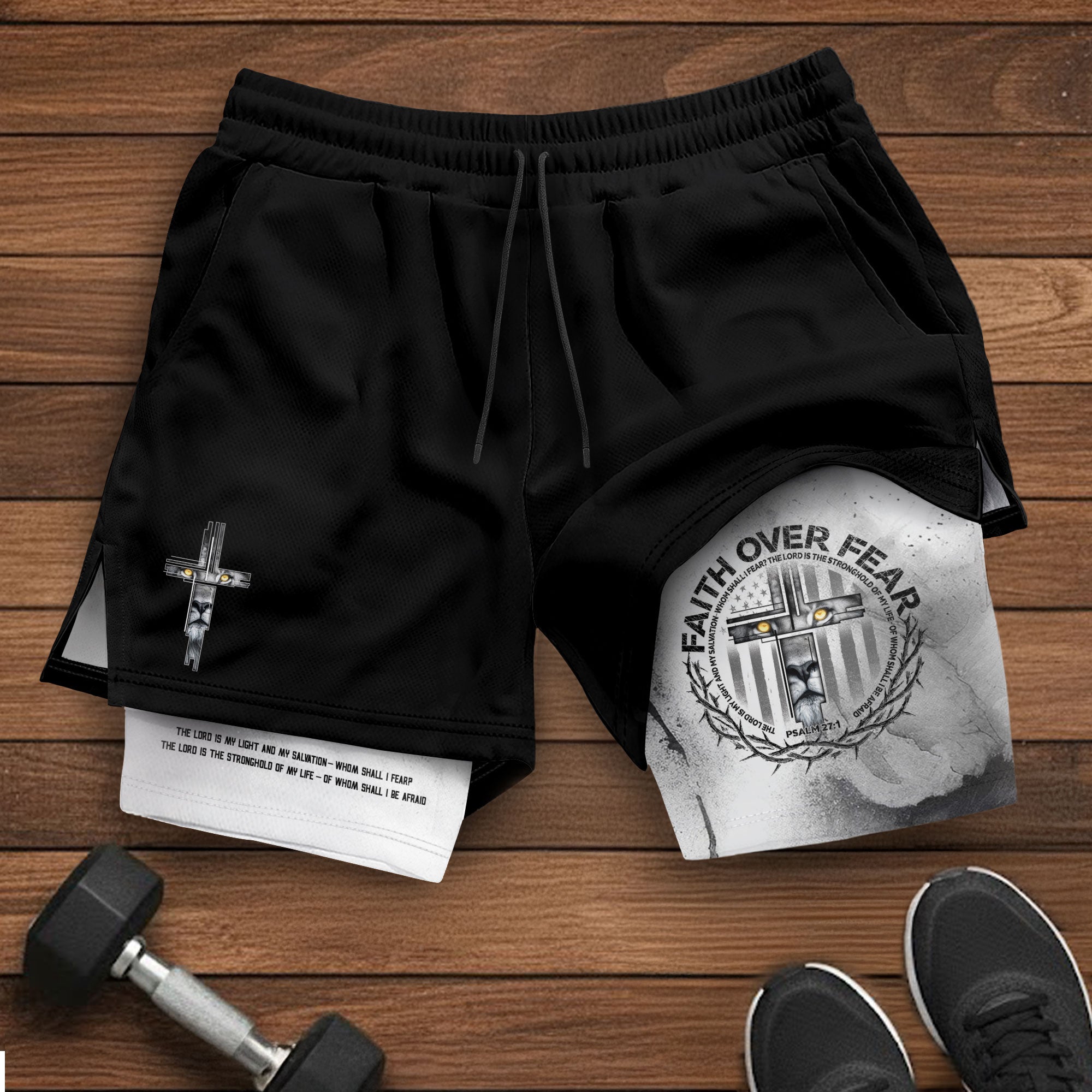 Faith Over Fear Christian Gym Shorts for Men Psalm 27:1 Armor Cross Lion - Rust Field Wear