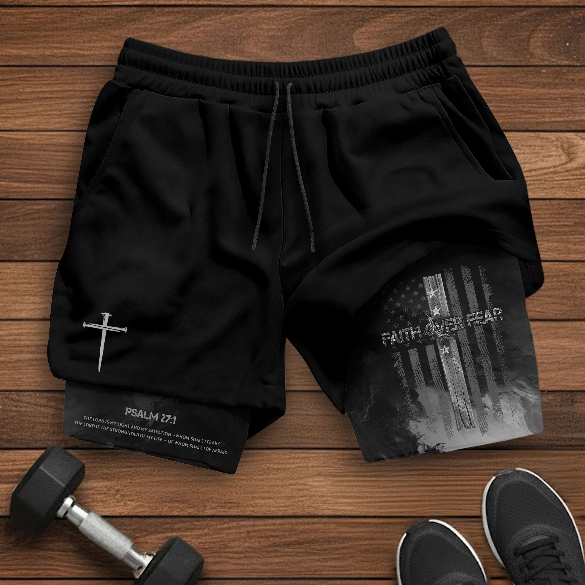 Faith Over Fear Christian Gym Shorts for Men Psalm 27 1 American Flag Cross